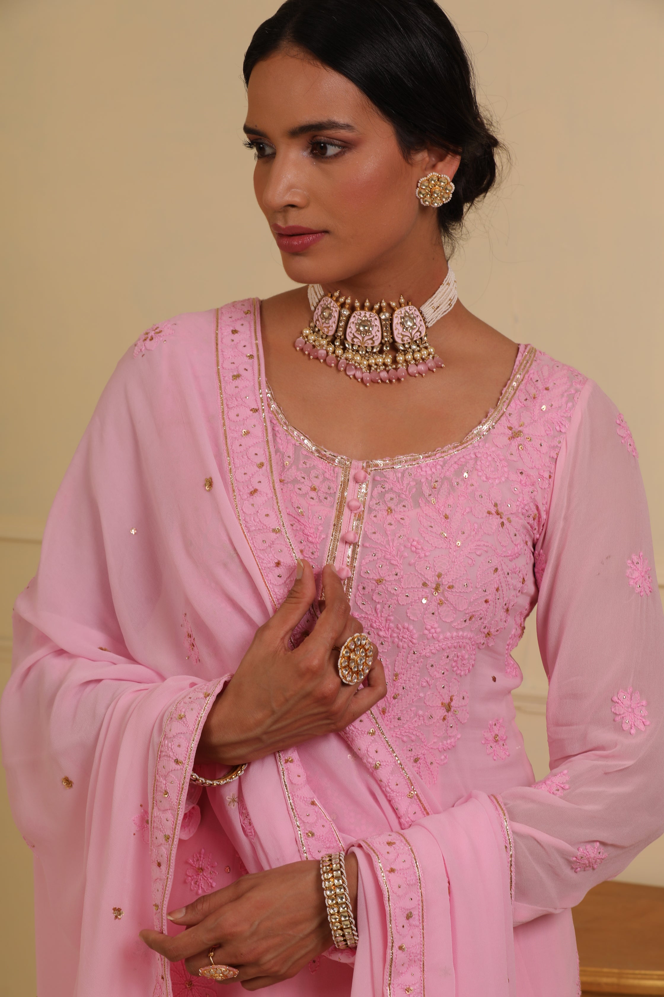 Pink chikankari kurta set