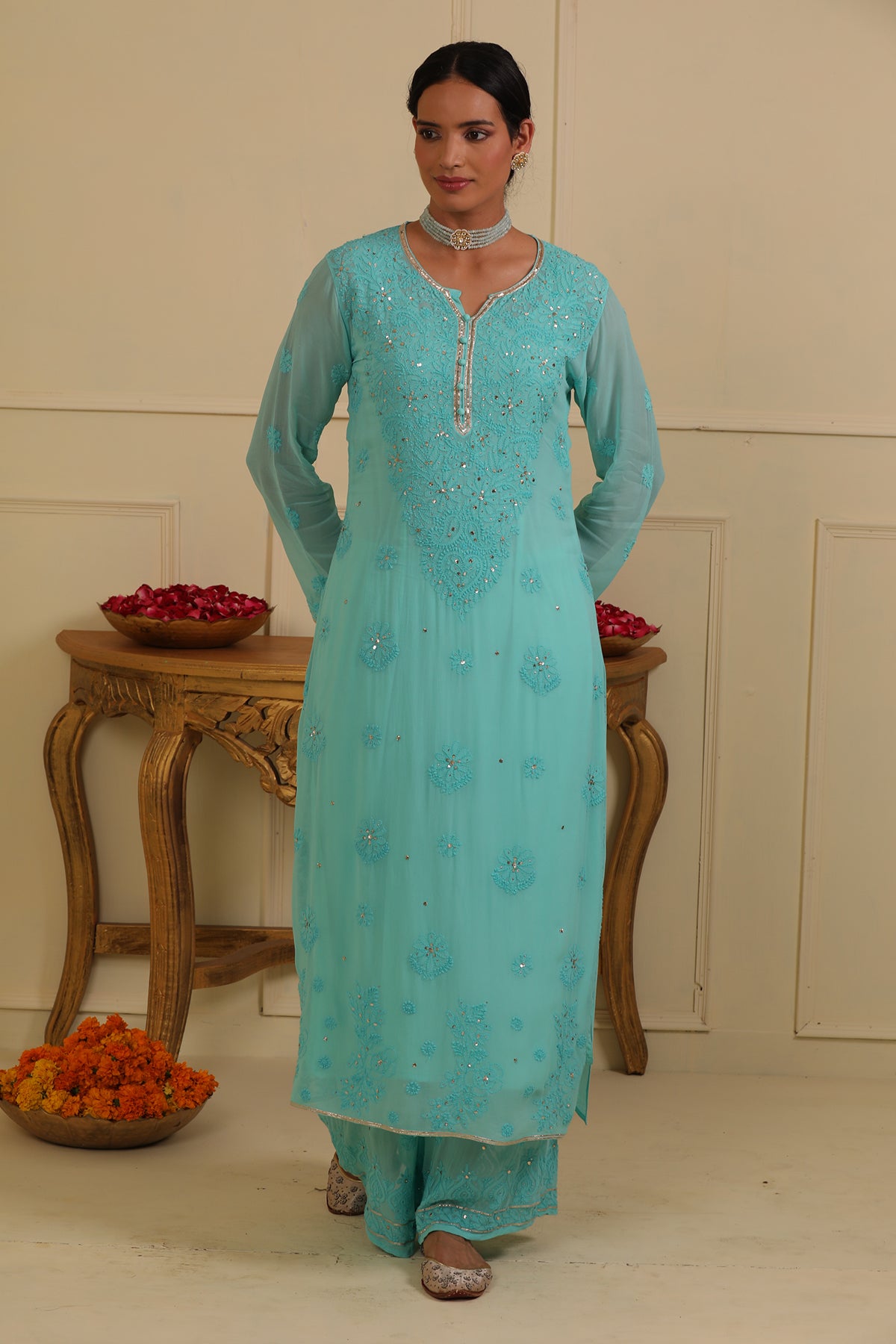 Blue chikankari kurta set