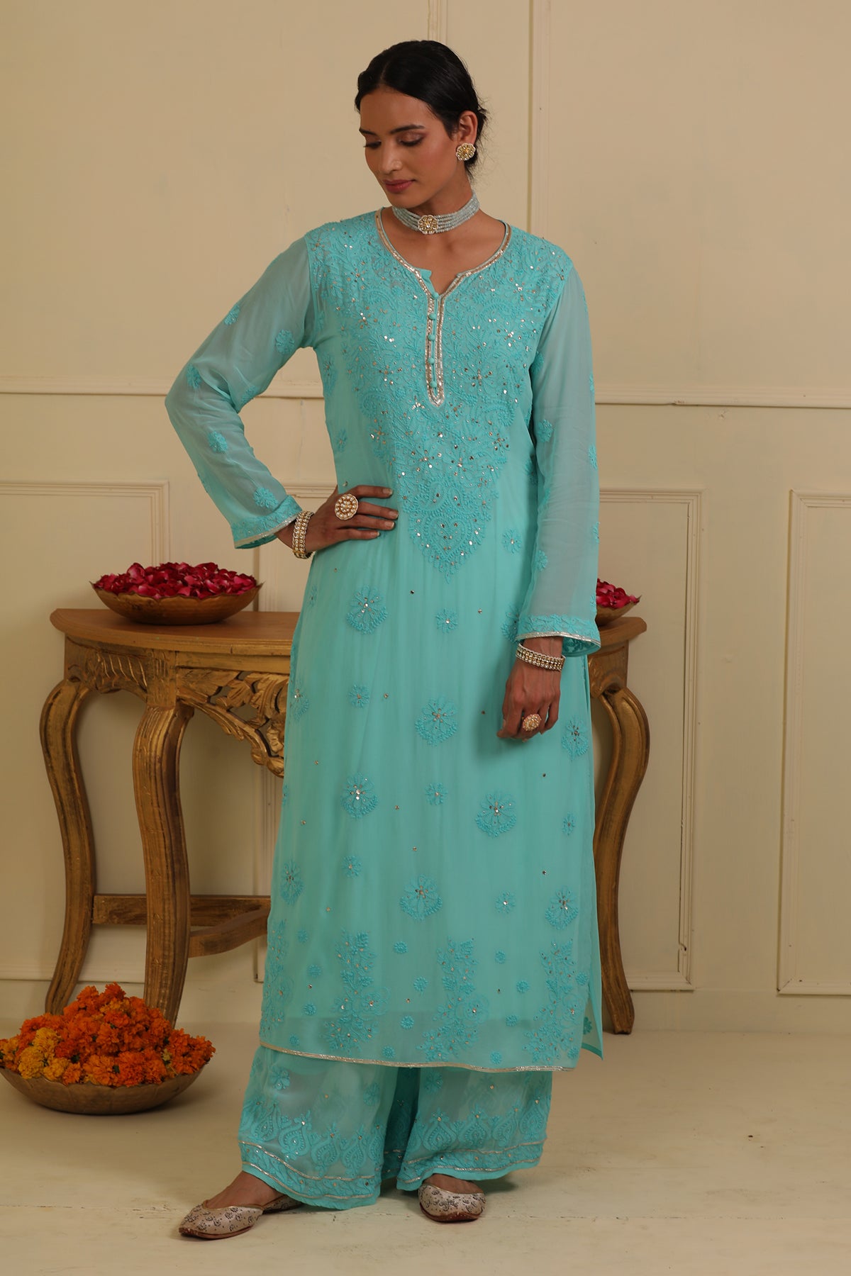 Blue chikankari kurta set