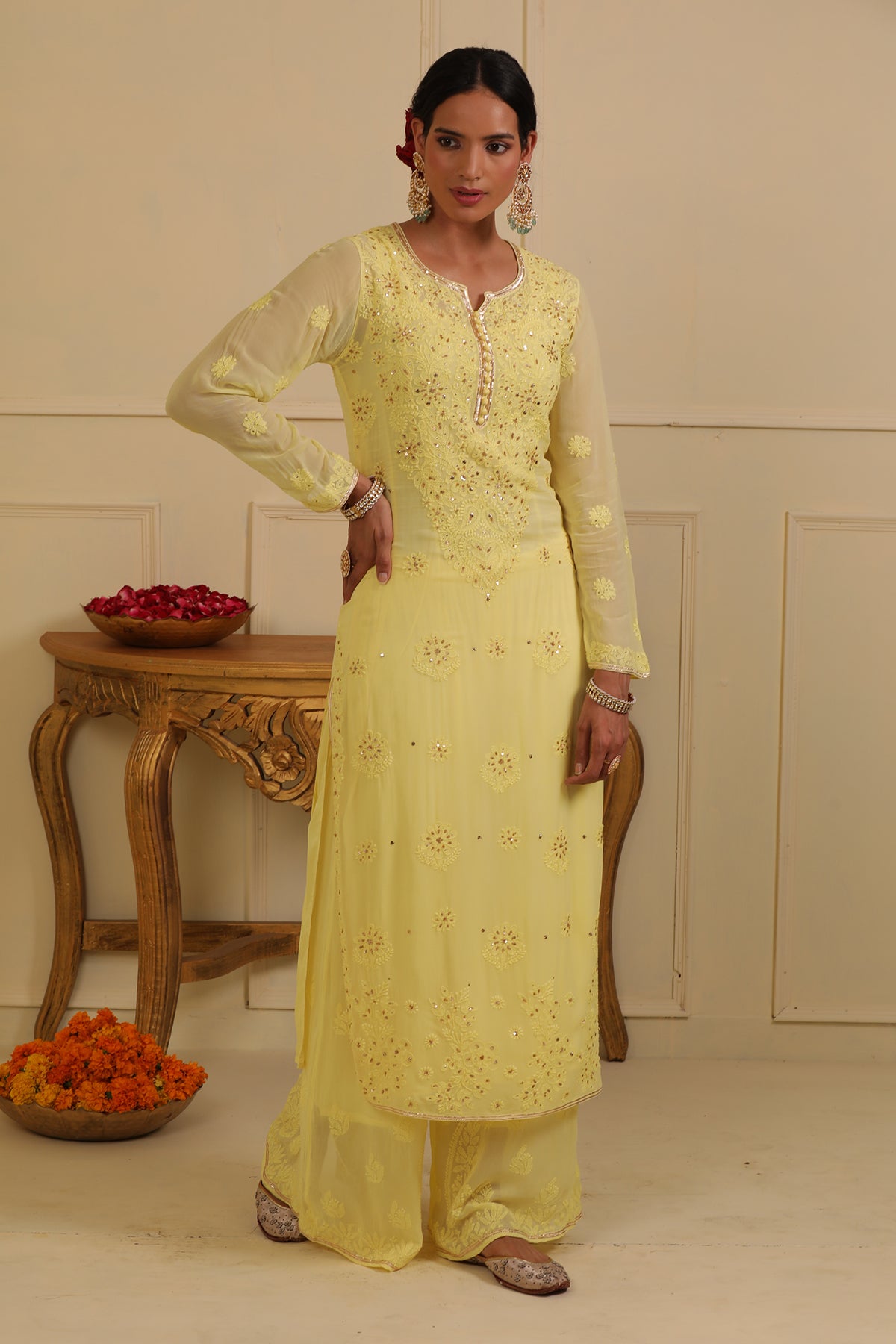 Yellow chikankari kurta set