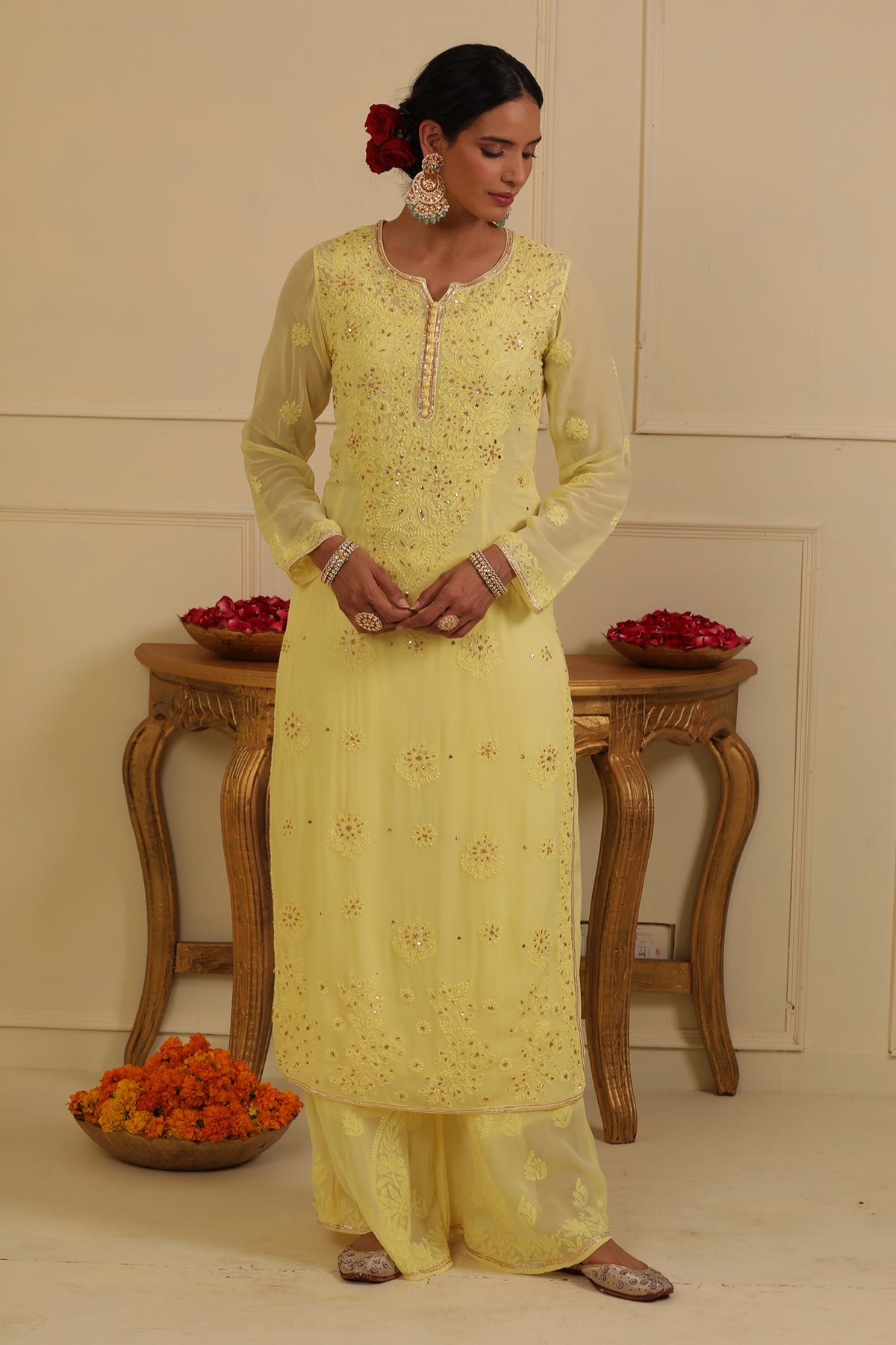 Yellow chikankari kurta set