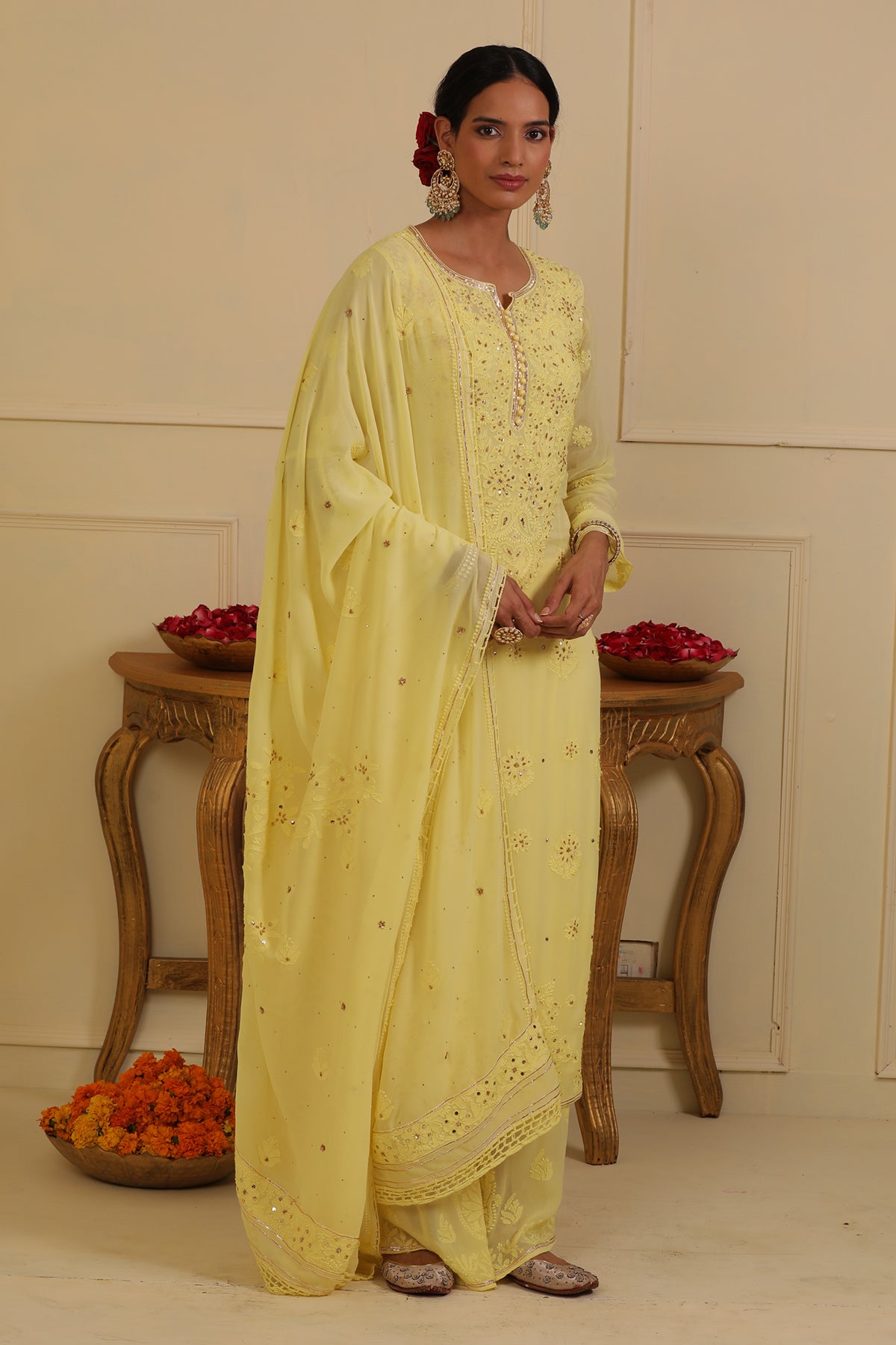 Yellow chikankari kurta set