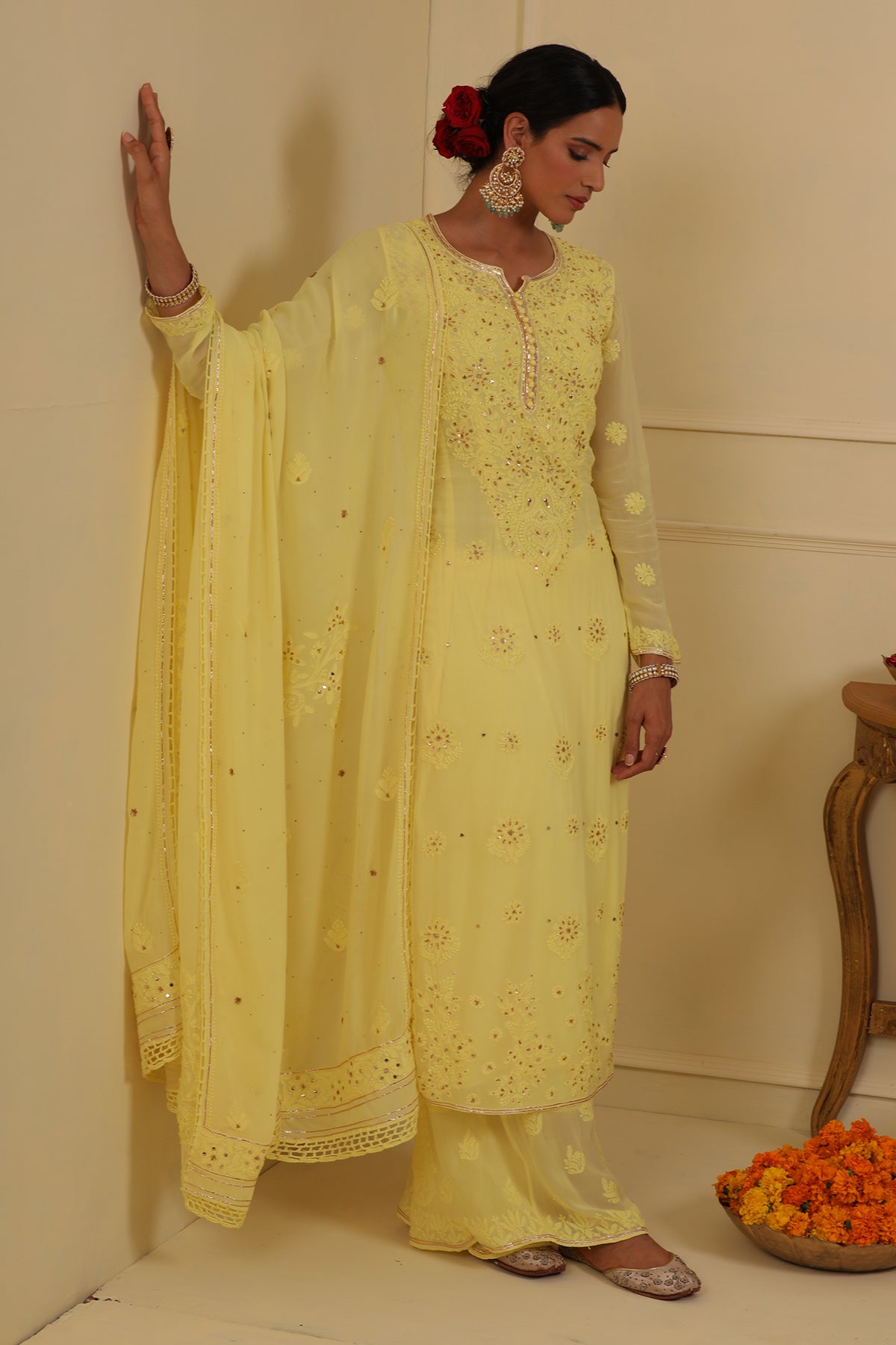 Yellow chikankari kurta set