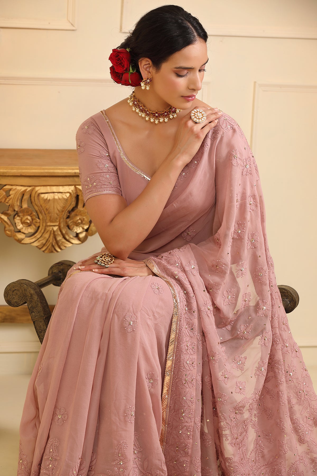 Brown chikankari saree