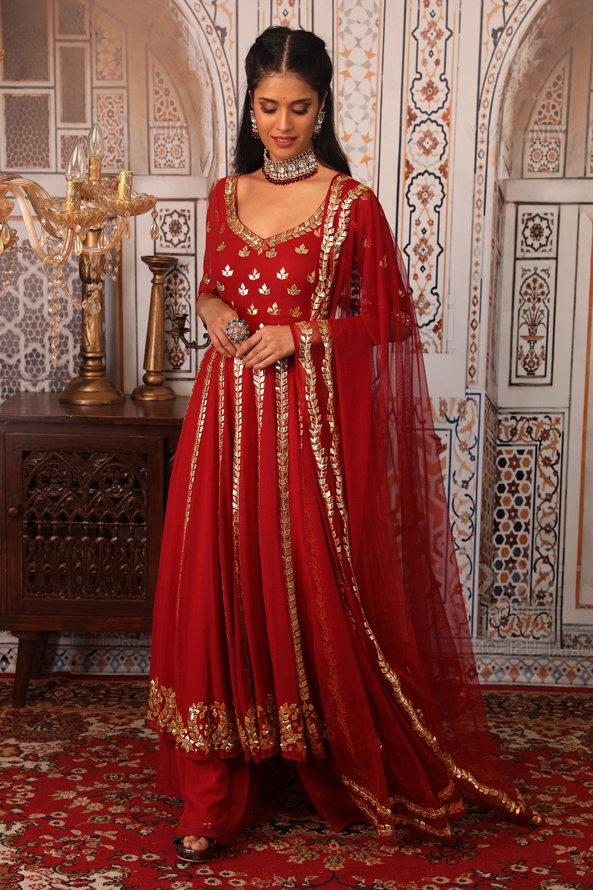 Red Embellished Anarkali Set