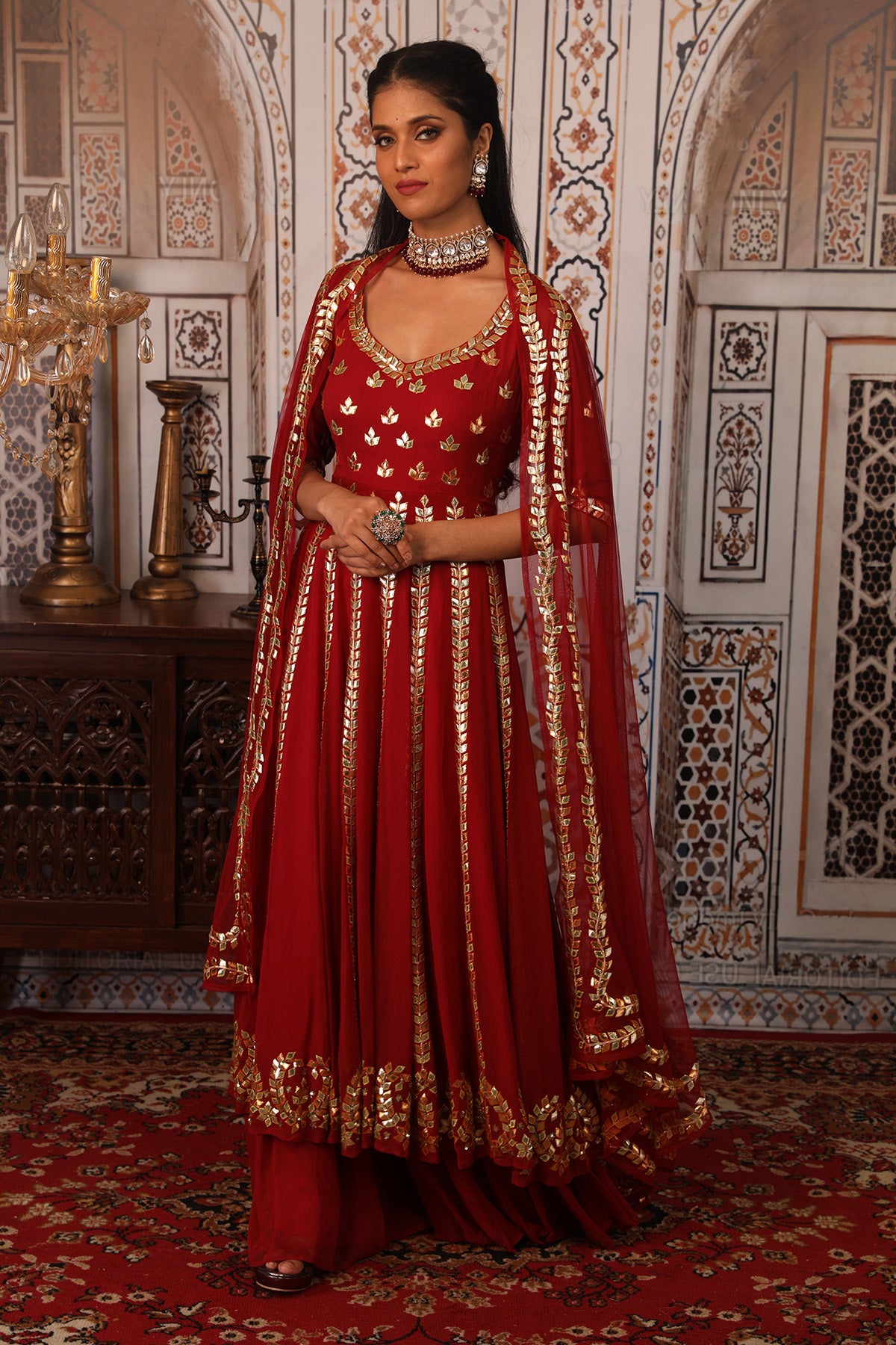 Red Embellished Anarkali Set