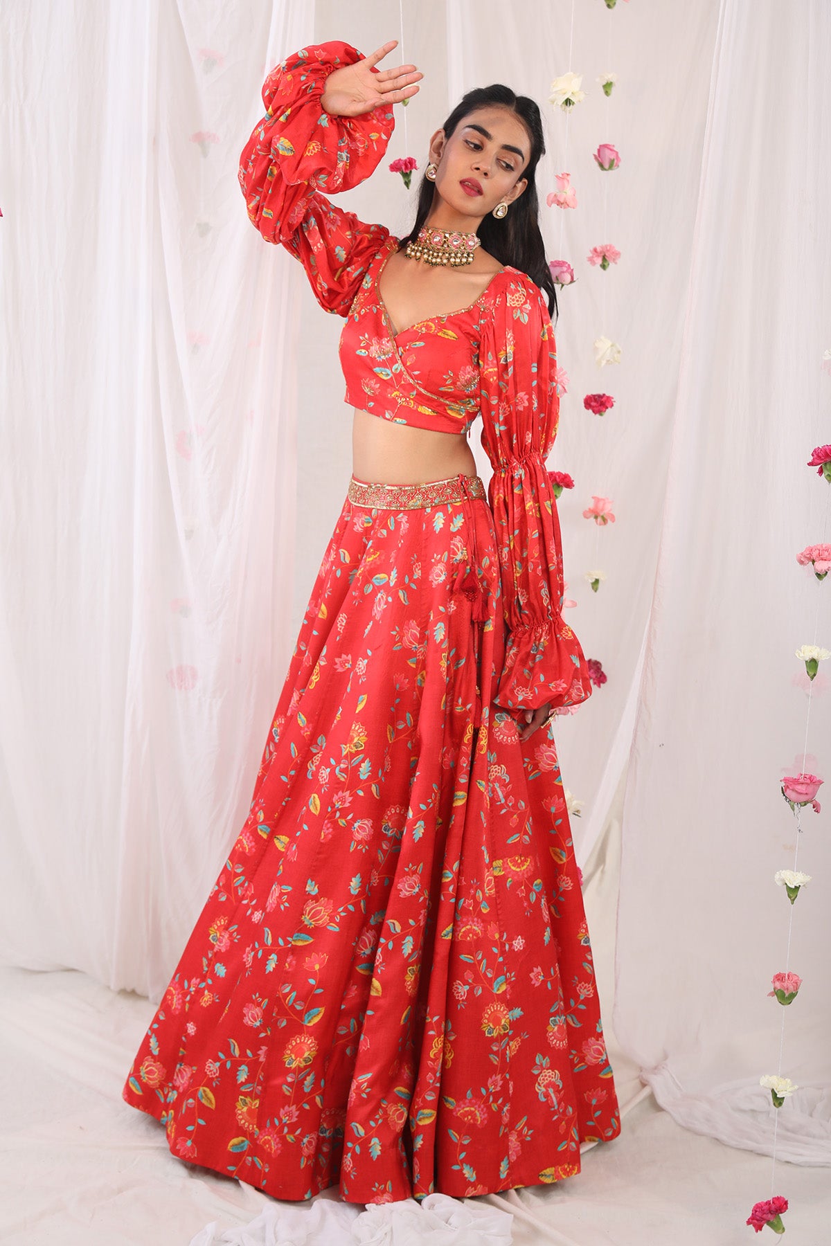 Red printed lehenga set