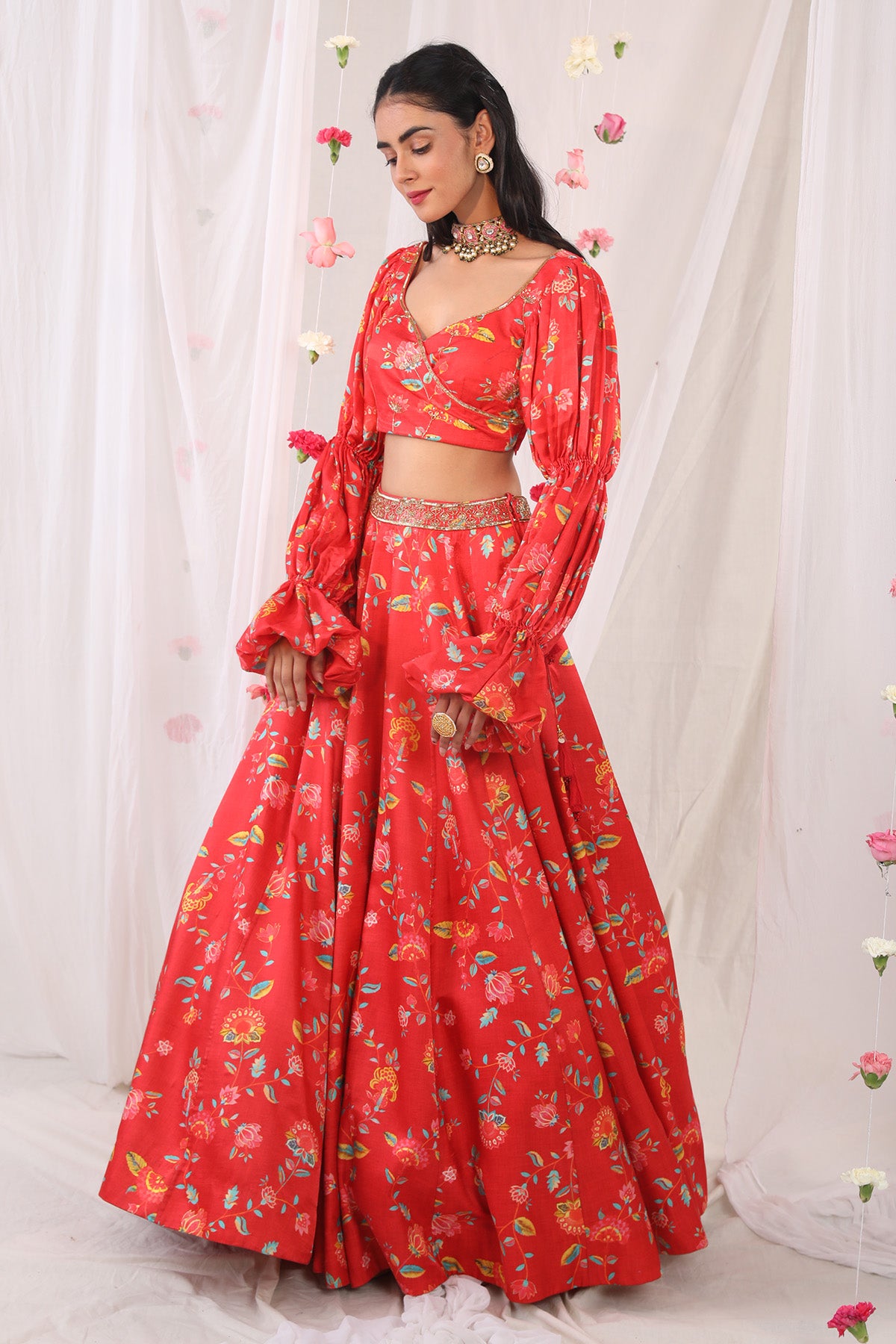 Red printed lehenga set