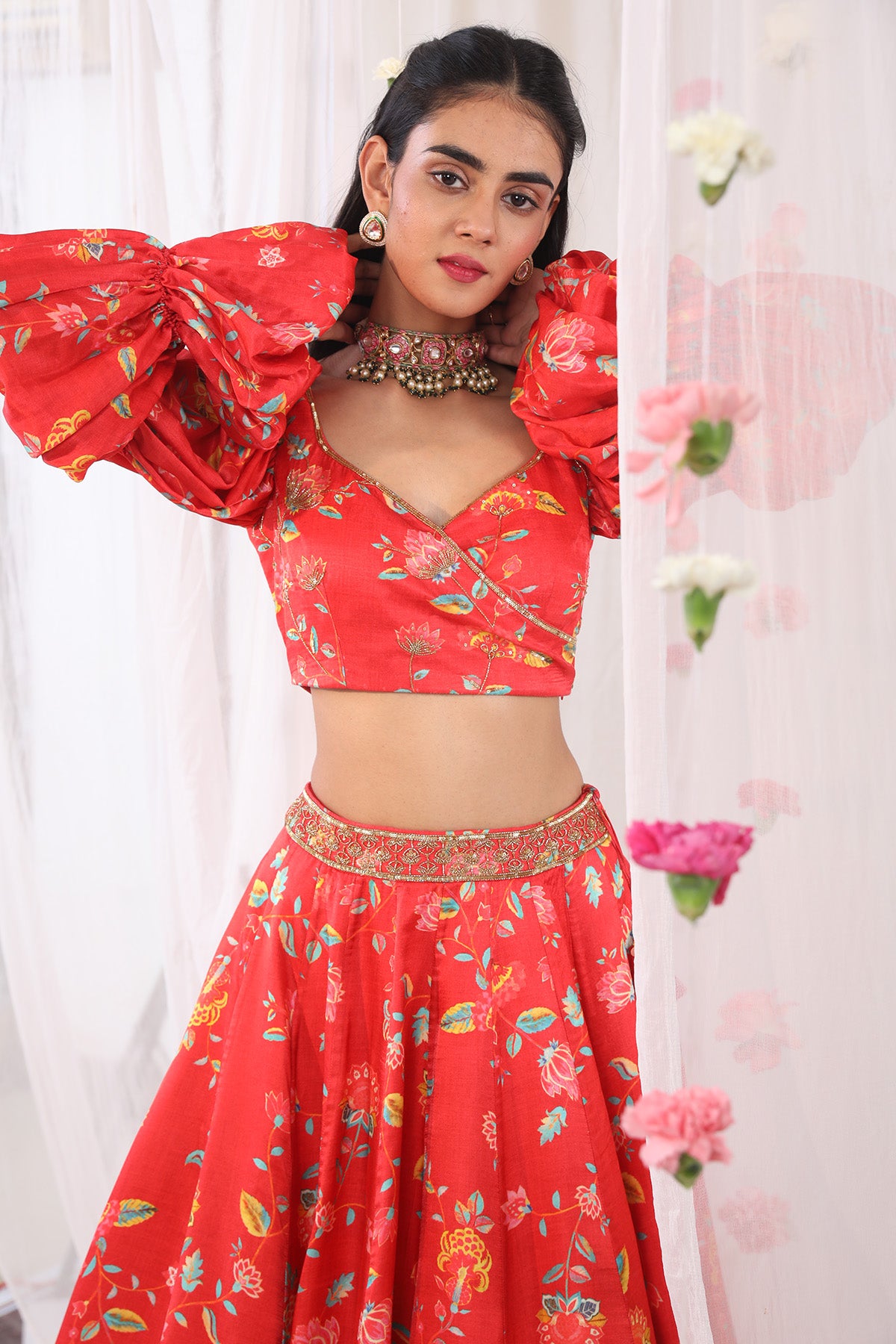 Red printed lehenga set