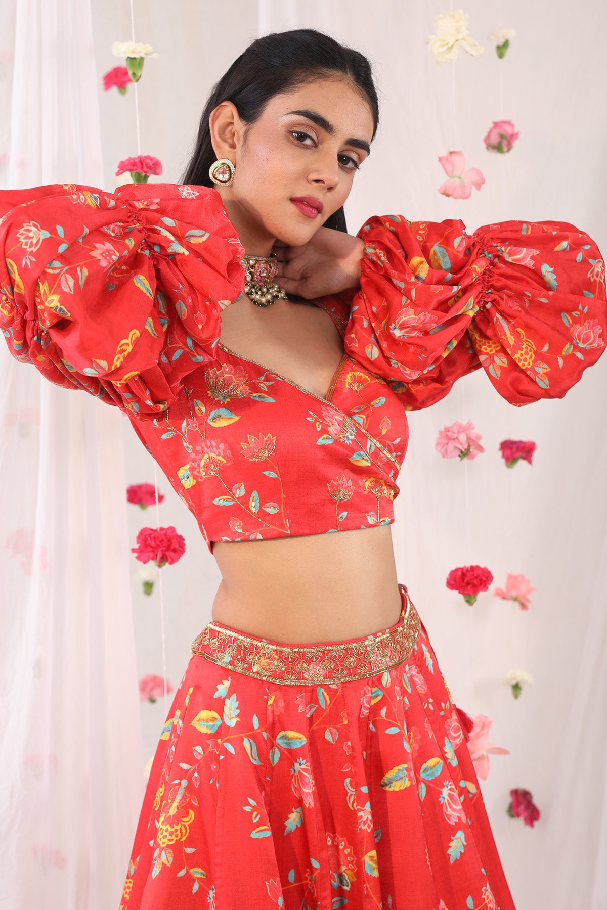 Red printed lehenga set