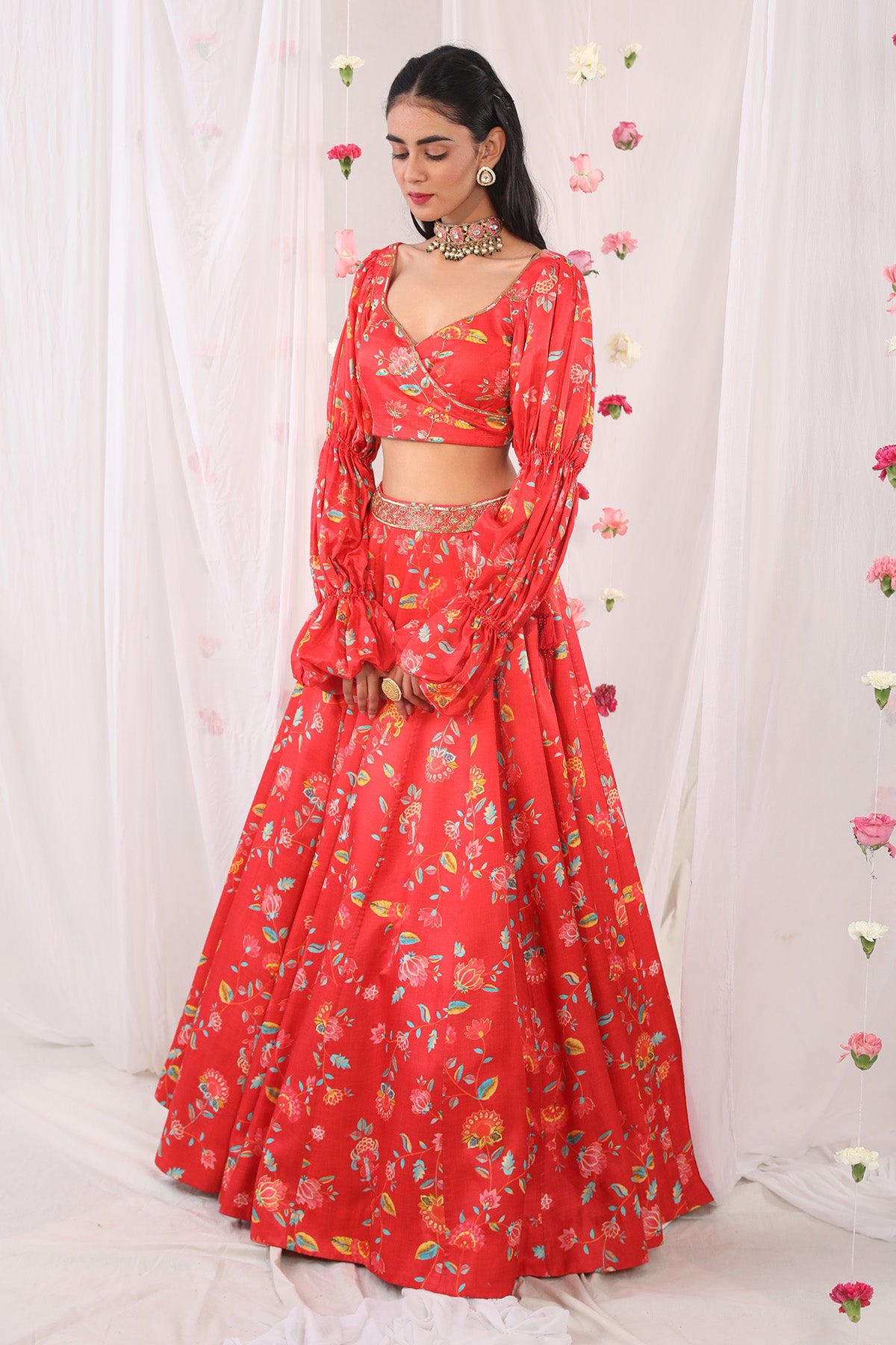 Red printed lehenga set