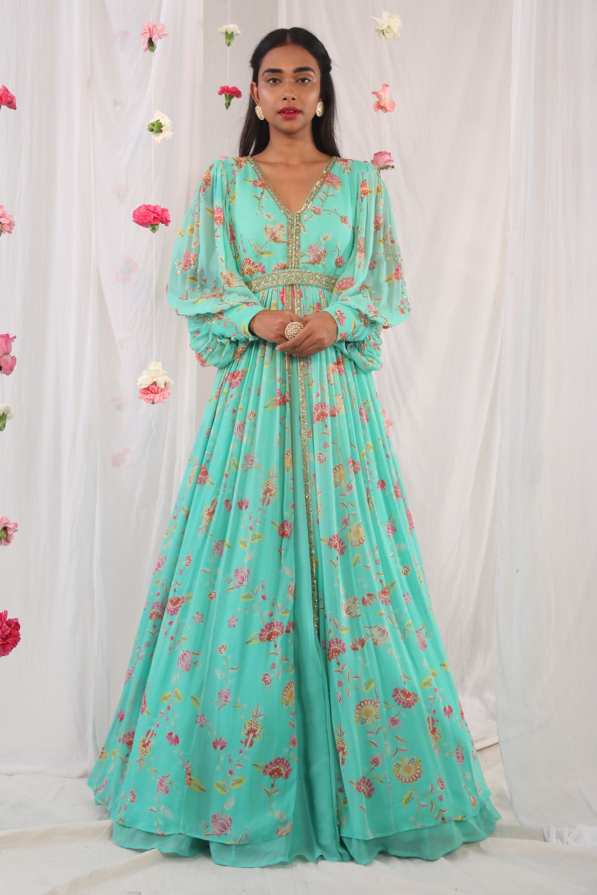 Sea green jacket anarkali set