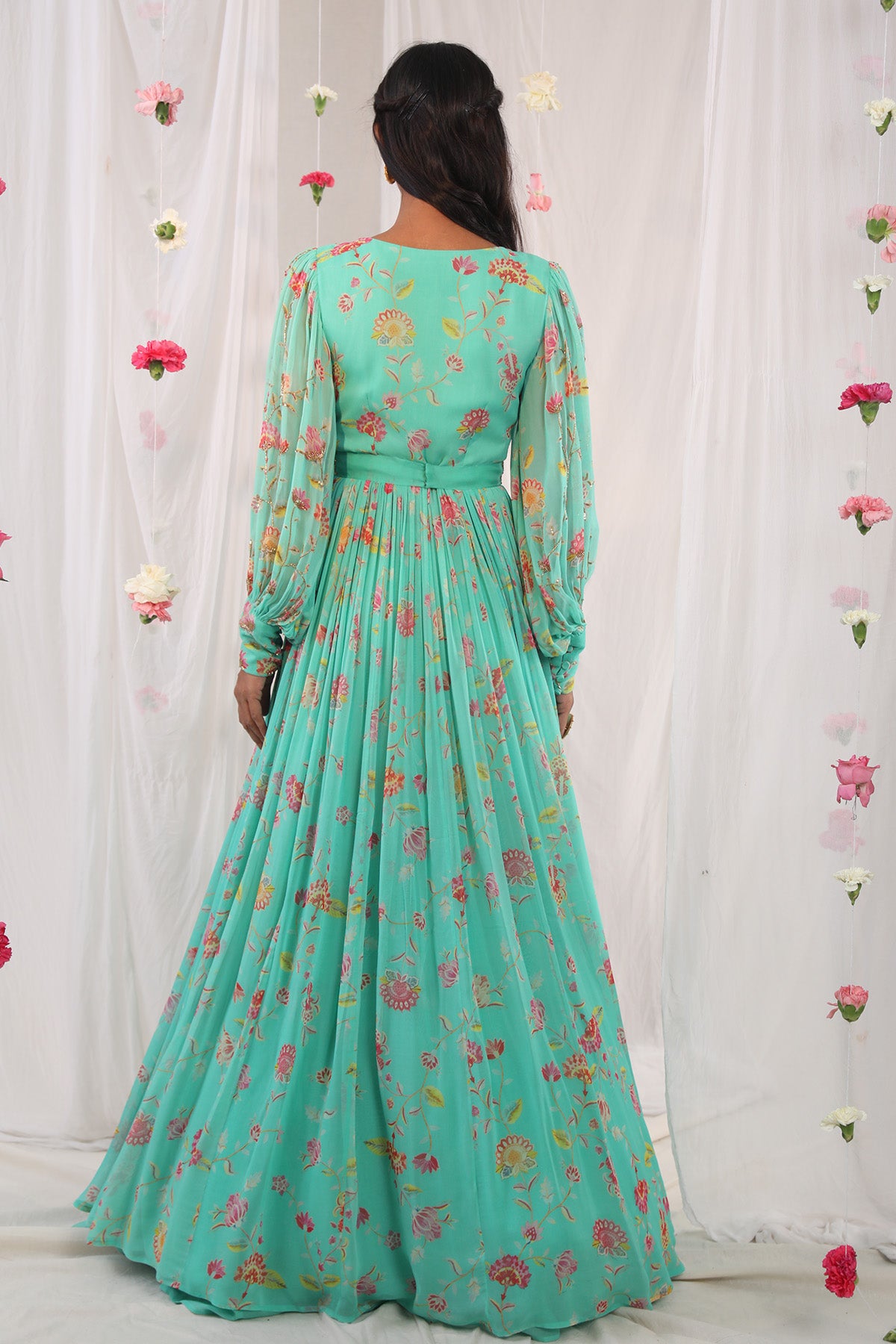 Sea green jacket anarkali set