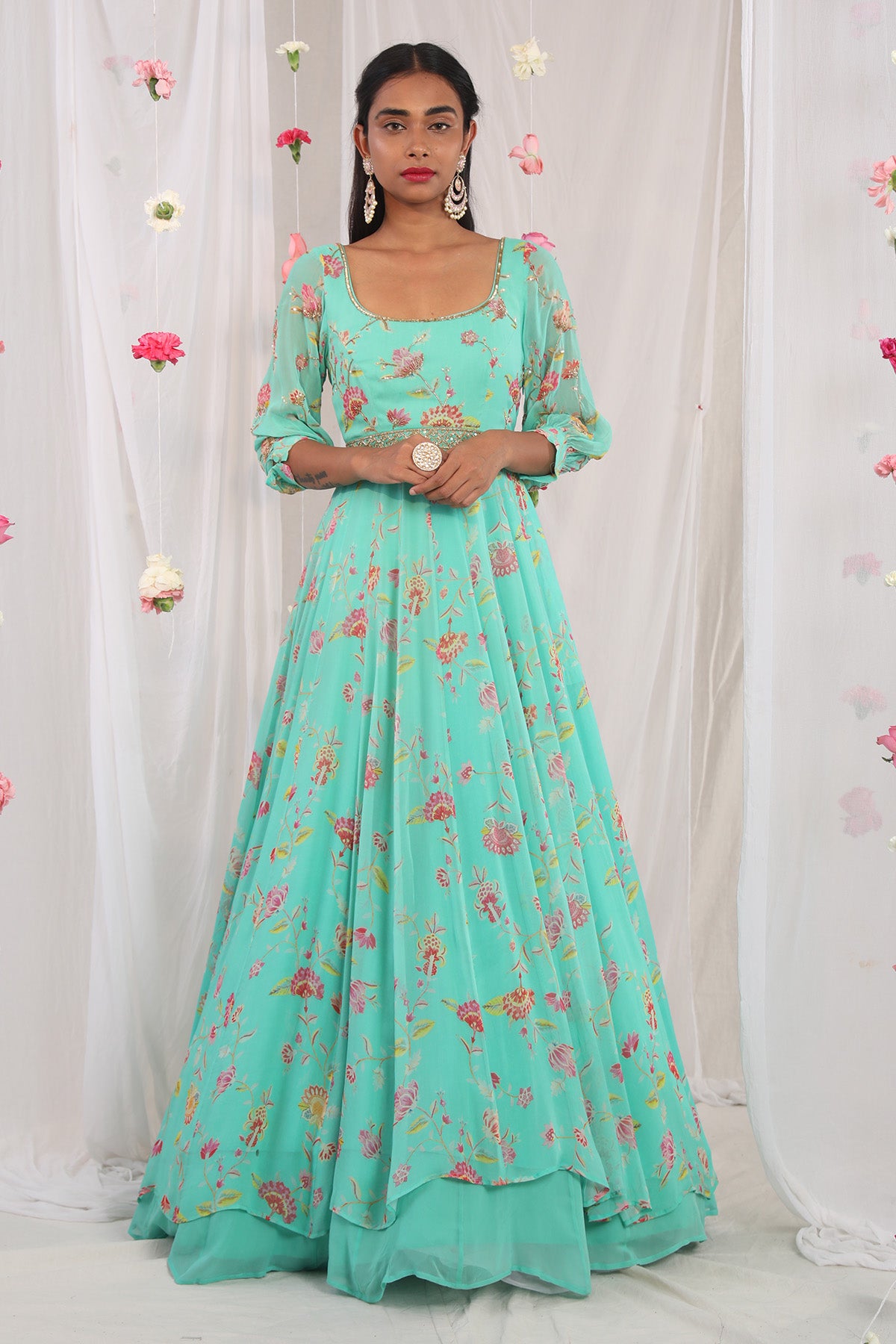 Sea green jacket anarkali set