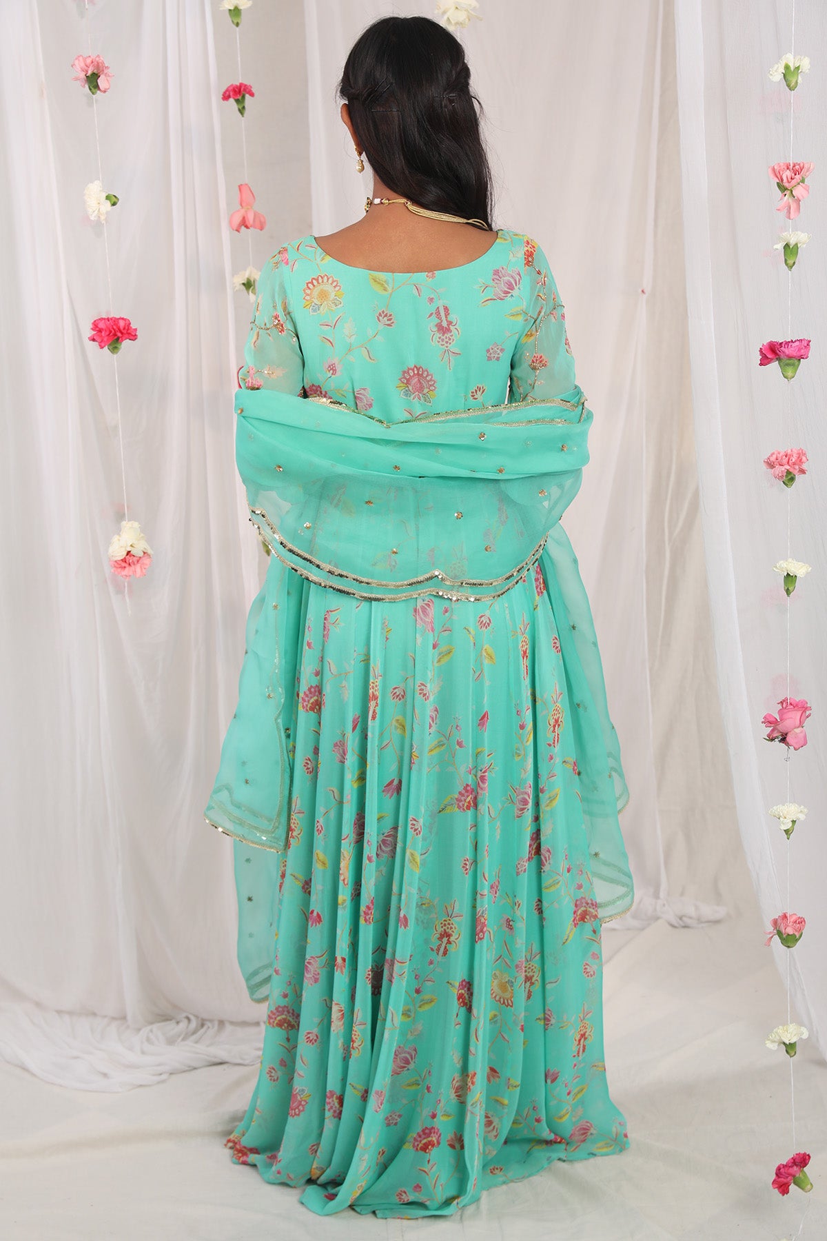 Sea green jacket anarkali set