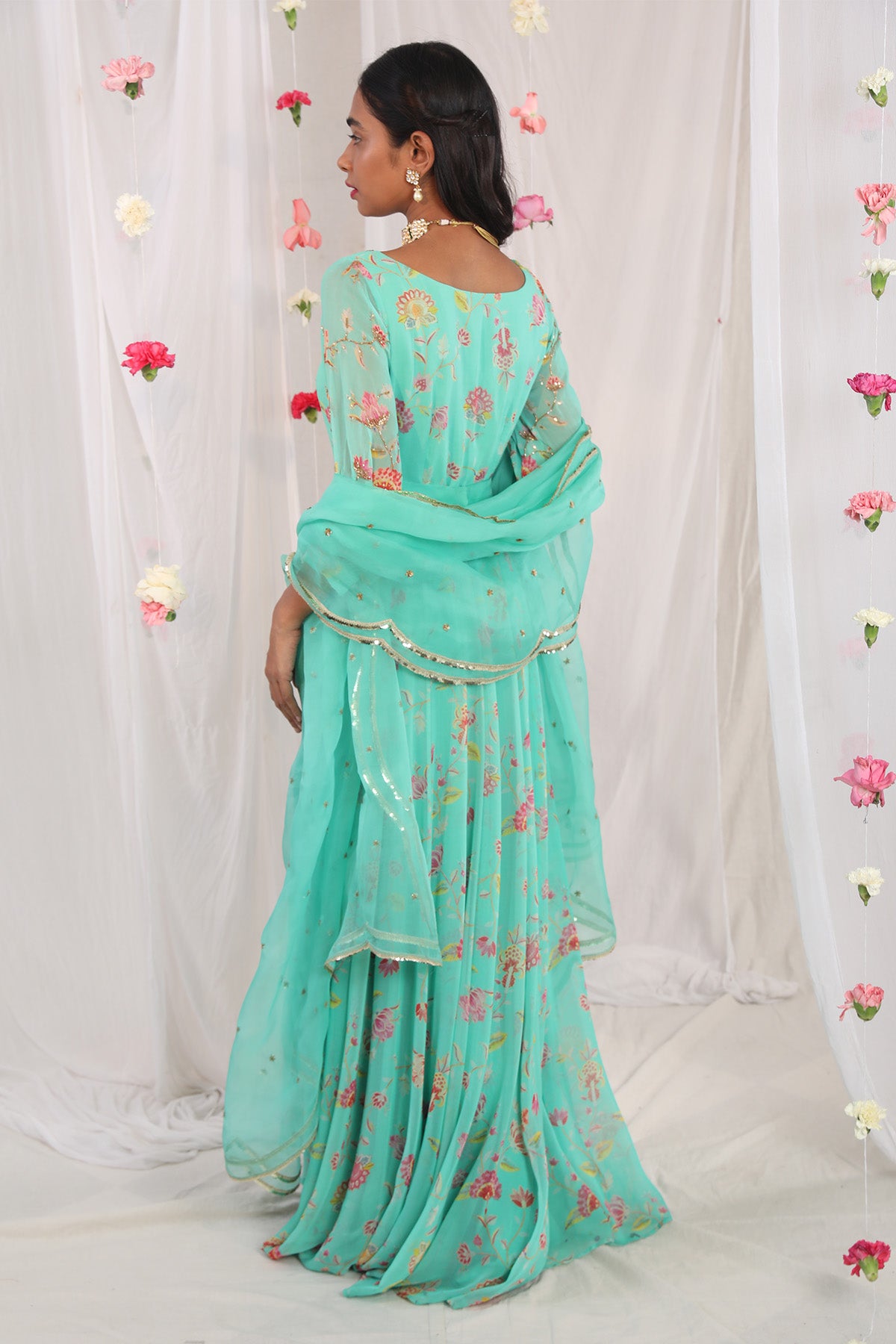 Sea green jacket anarkali set