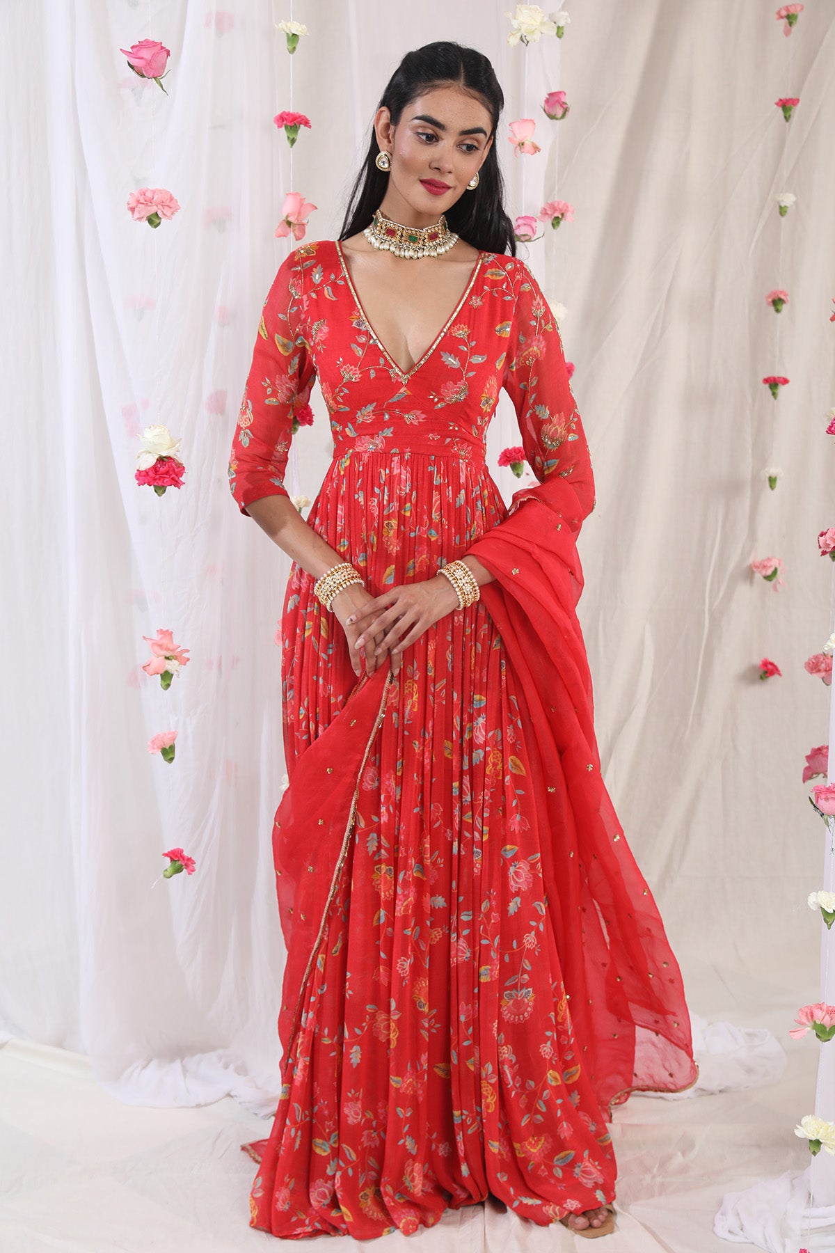 Red Printed Anarkali Set