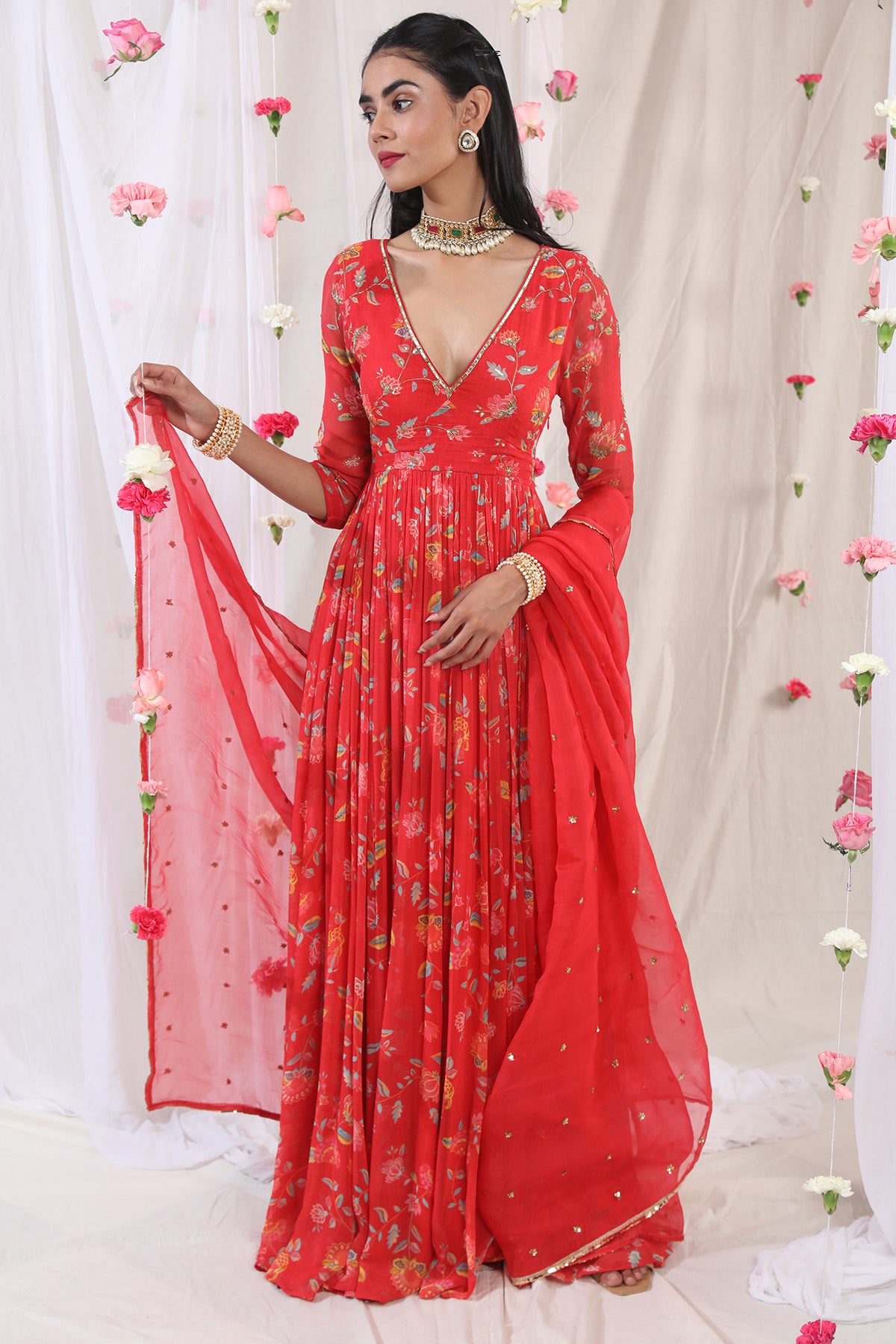 Red Printed Anarkali Set