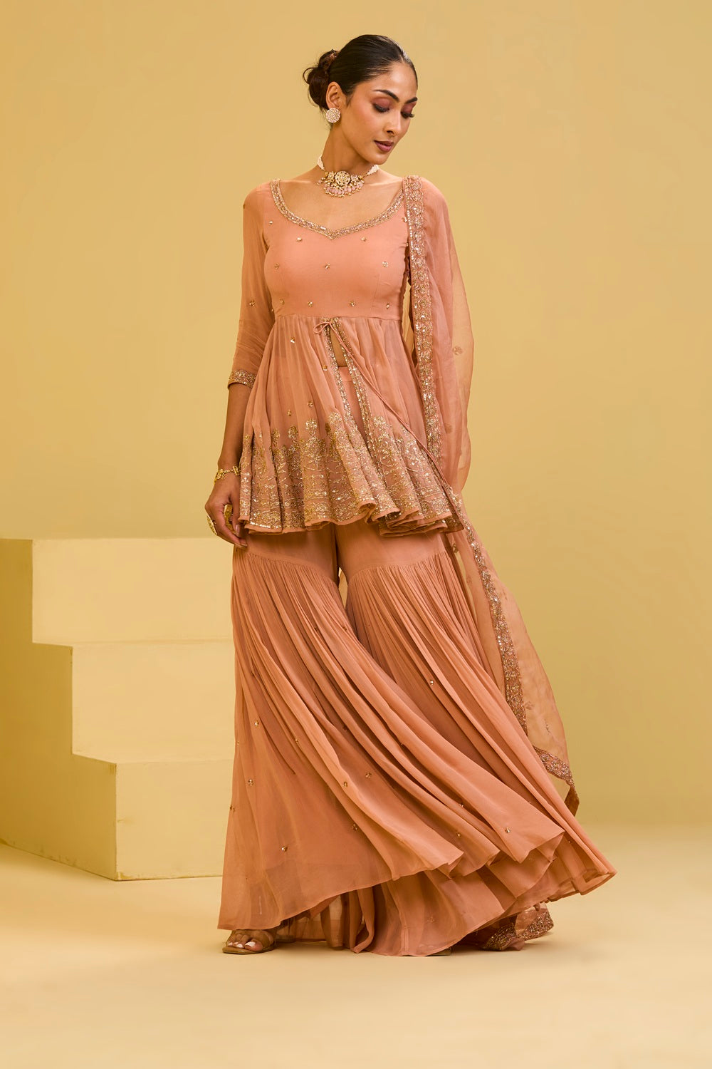 Peach Front Cut Peplum Set