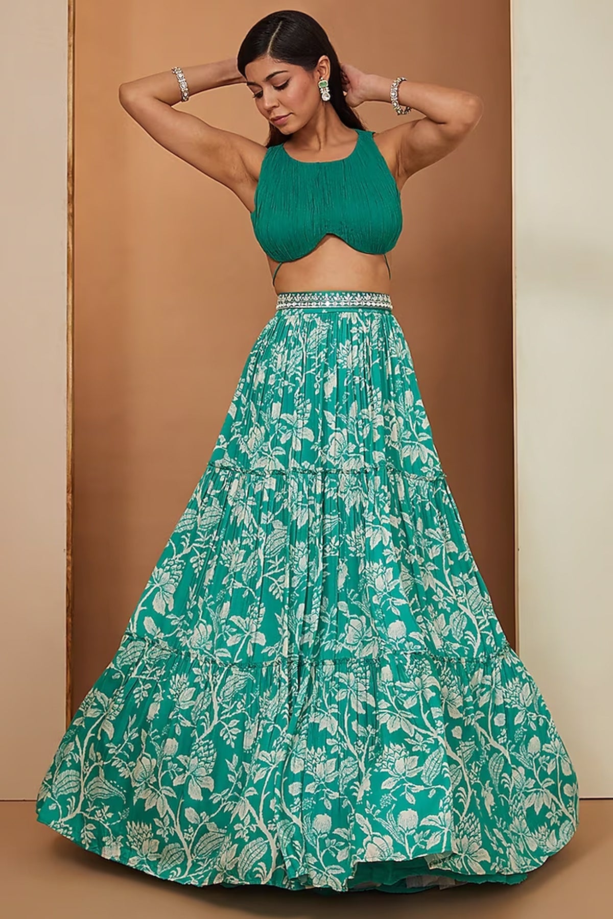 teal printed skirt with drap blouse