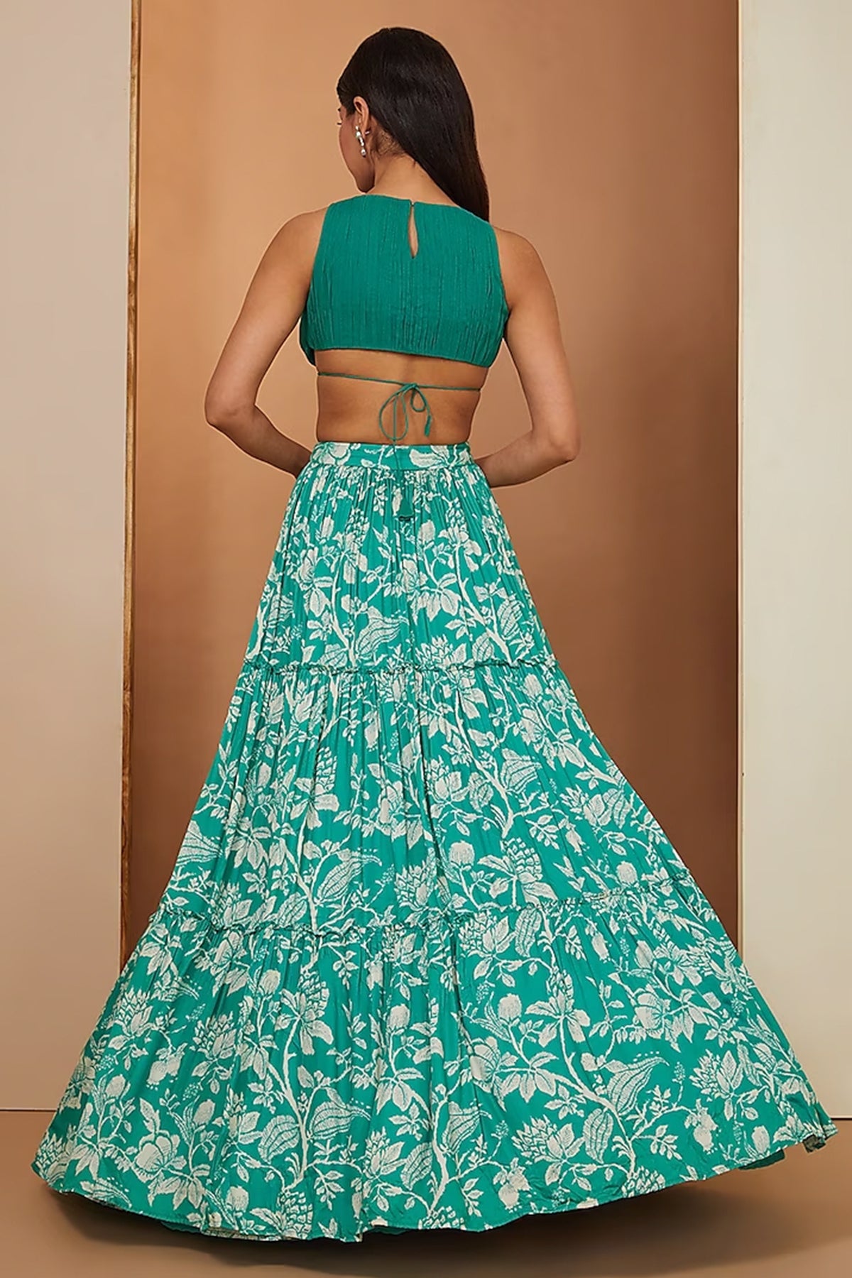 teal printed skirt with drap blouse