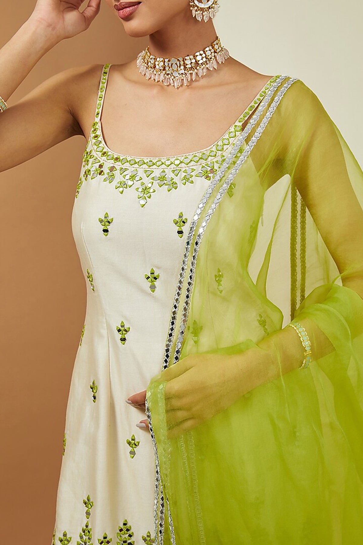 off white kurta and mehendi green sharara