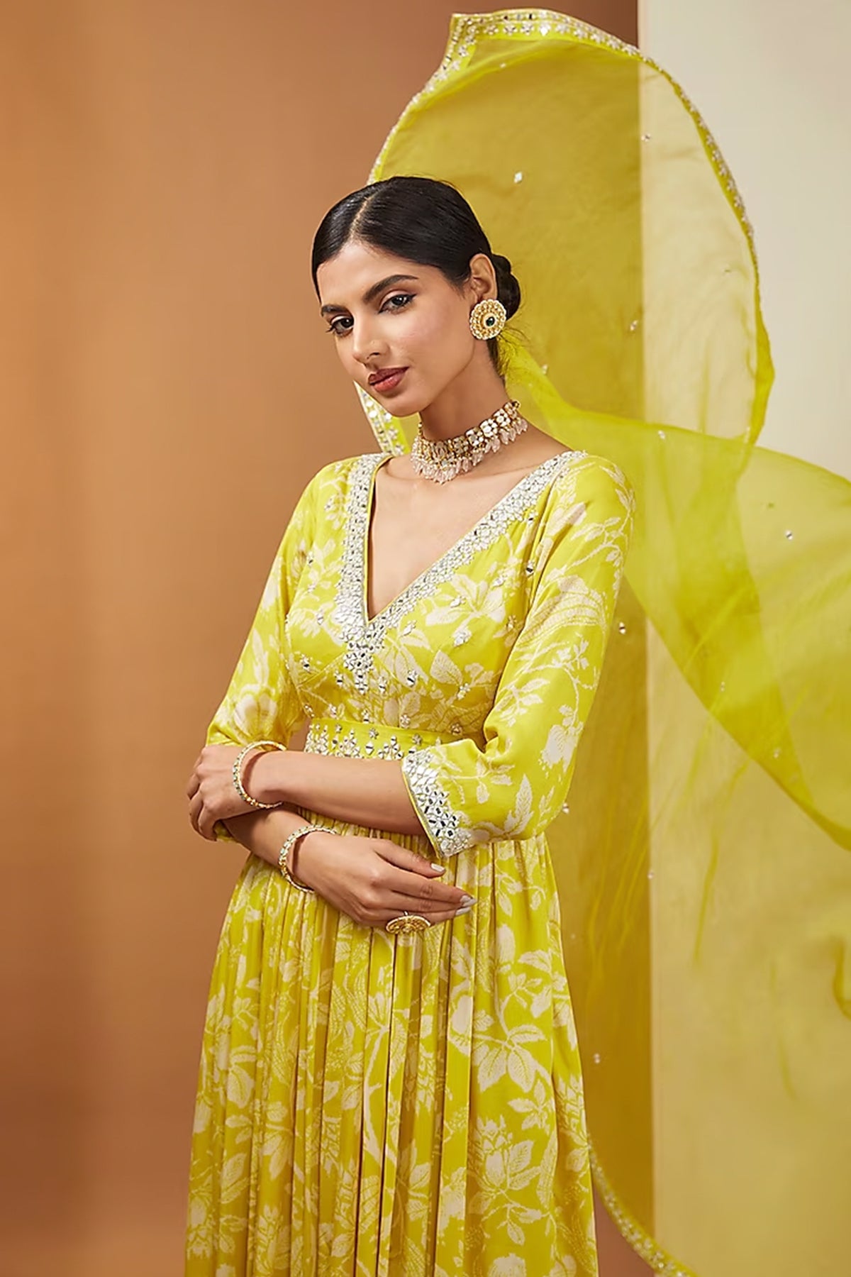 lemon yellow anarkali set