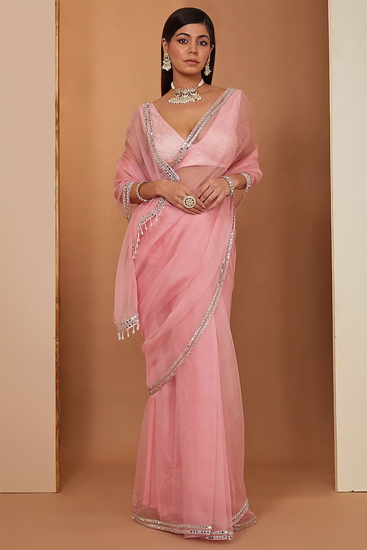 pink organza saree set