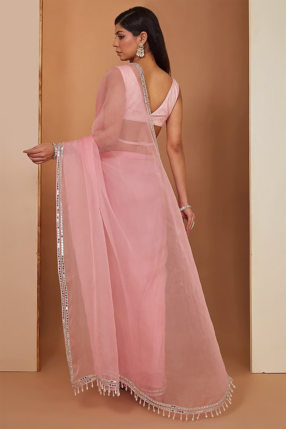 pink organza saree set