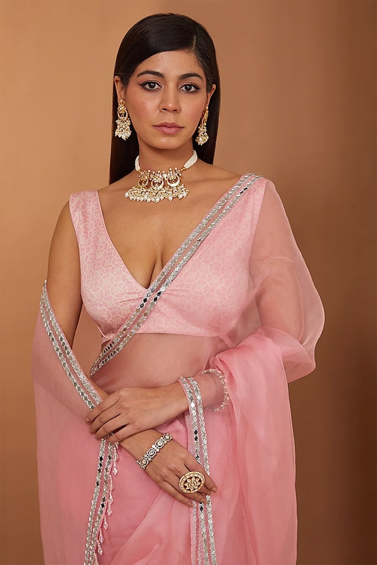 pink organza saree set