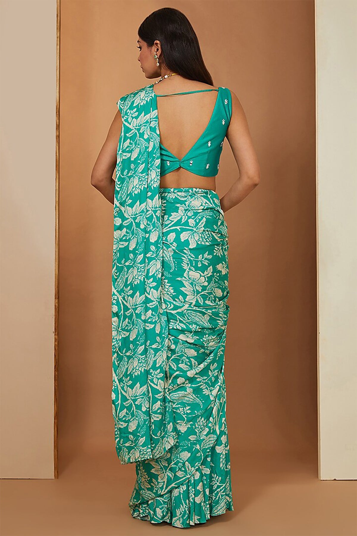 teal printed draped saree