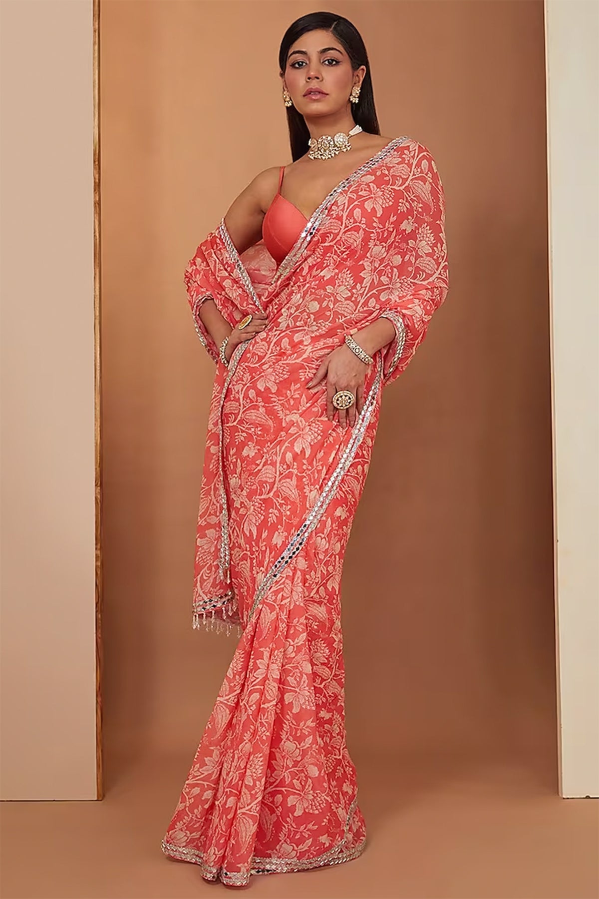 gajari printed saree with corset blouse