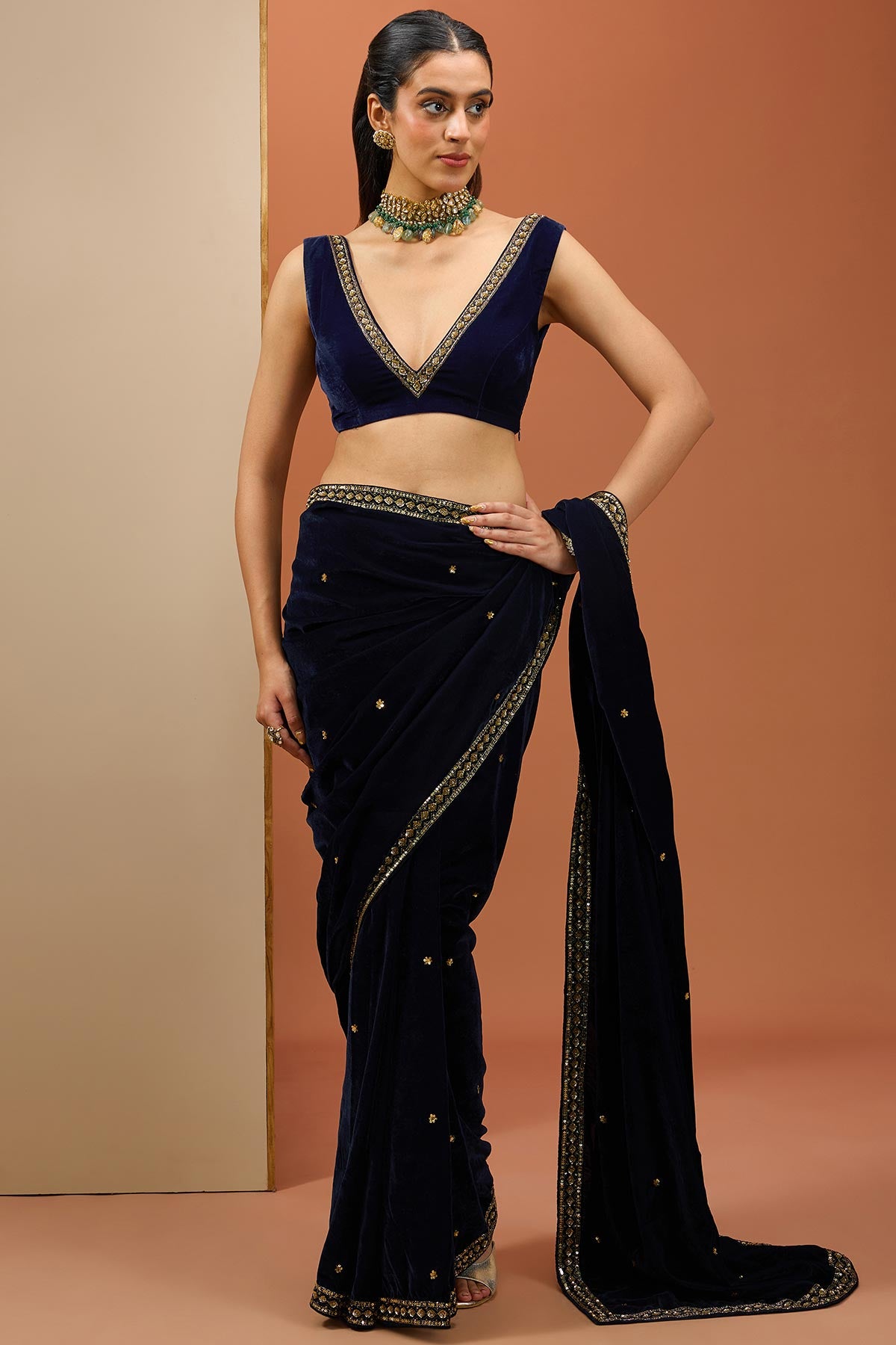 Blue Velvet Saree Set