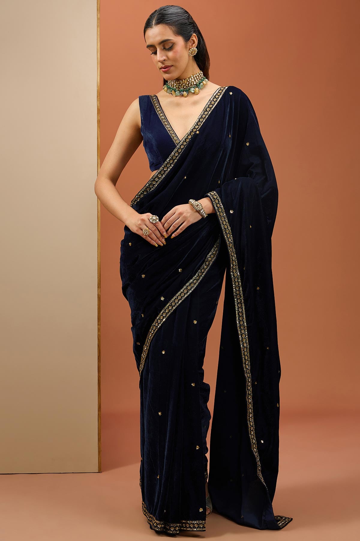 Blue Velvet Saree Set