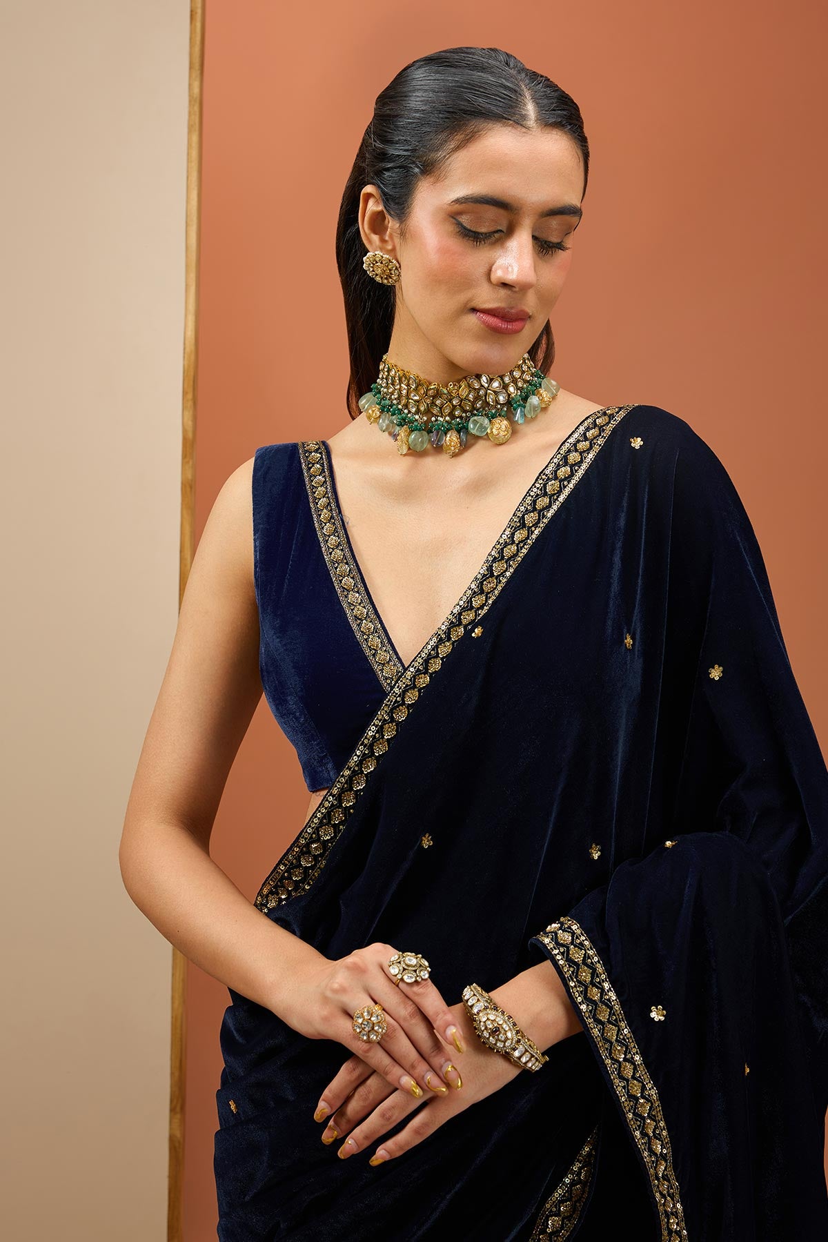 Blue Velvet Saree Set