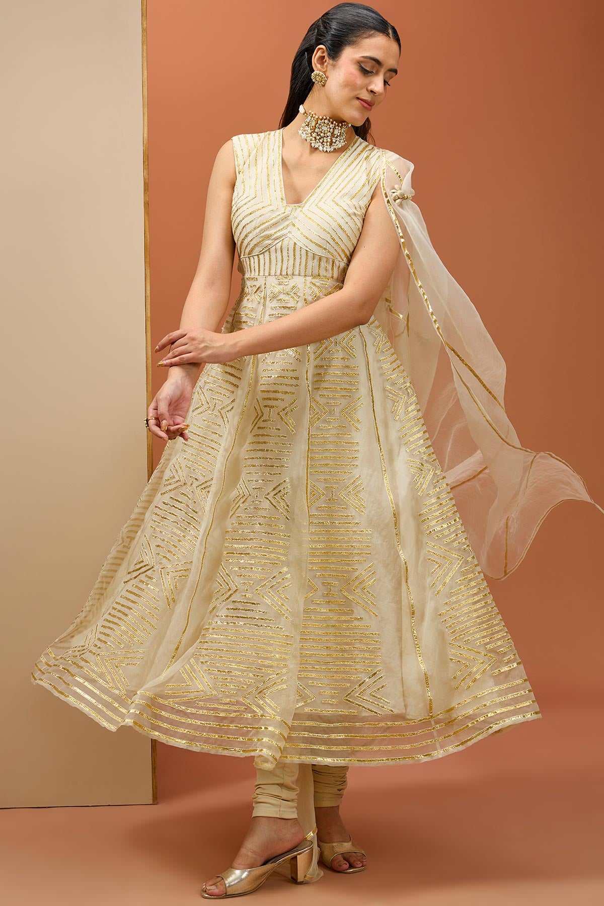 Offwhite Golden Lasses Anarkali set