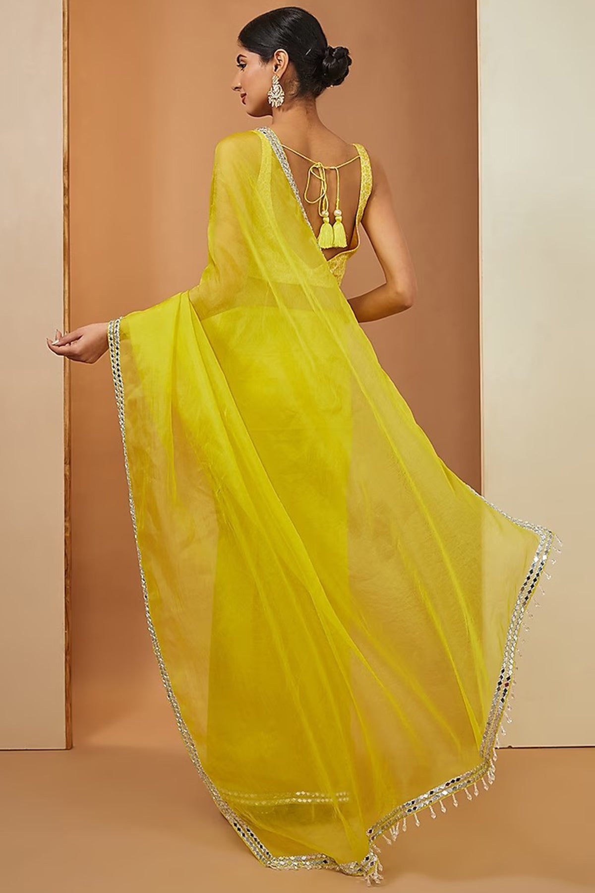 lemon yellow organza saree set