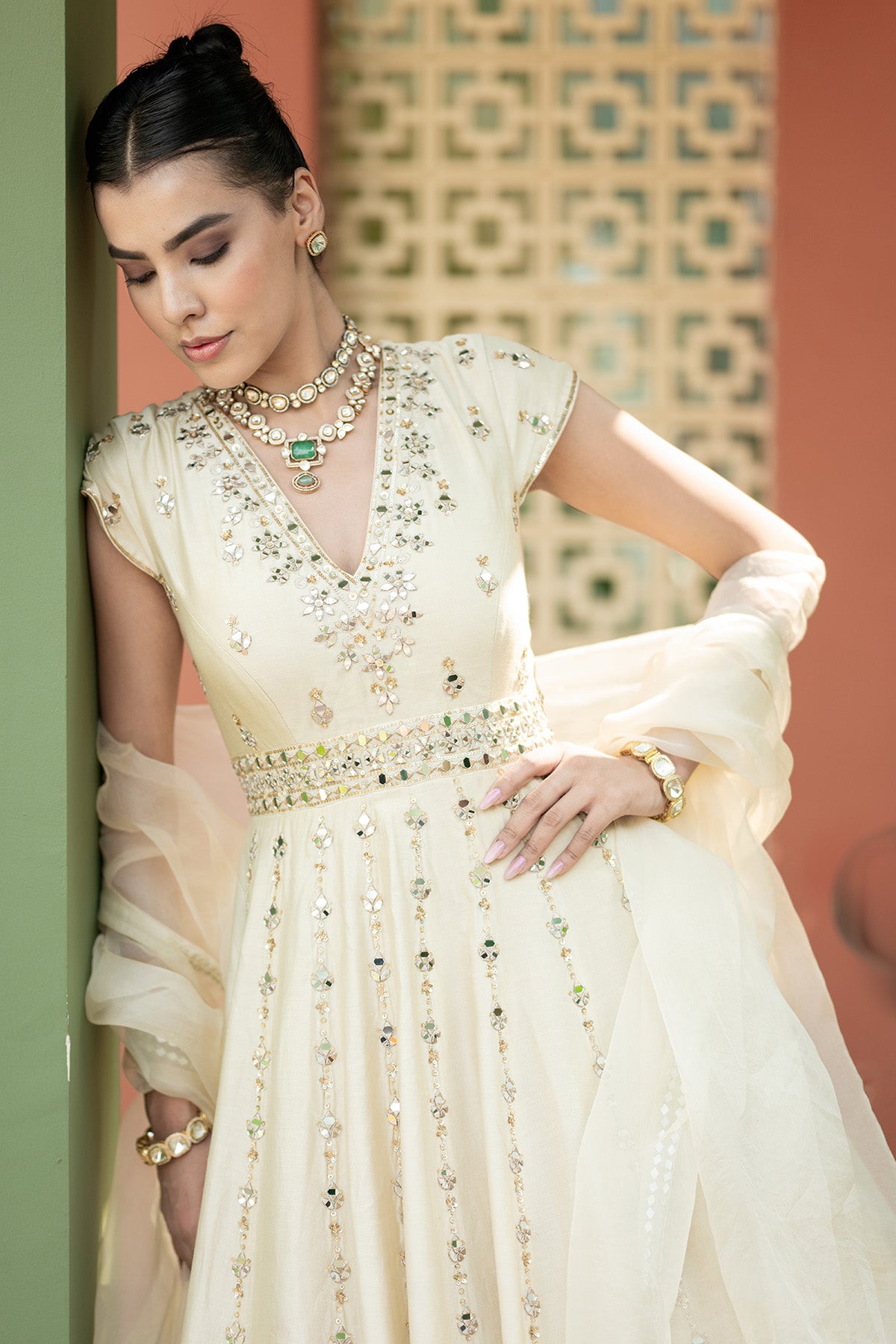 Off white Mirror anarkali Set