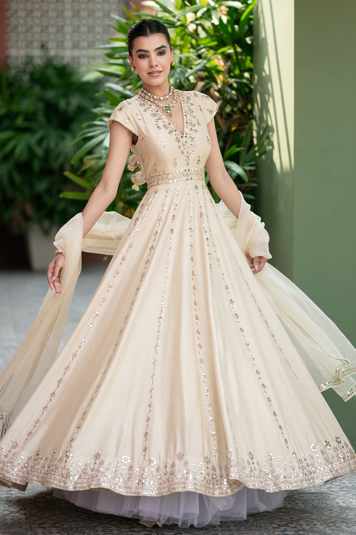 Off white Mirror anarkali Set