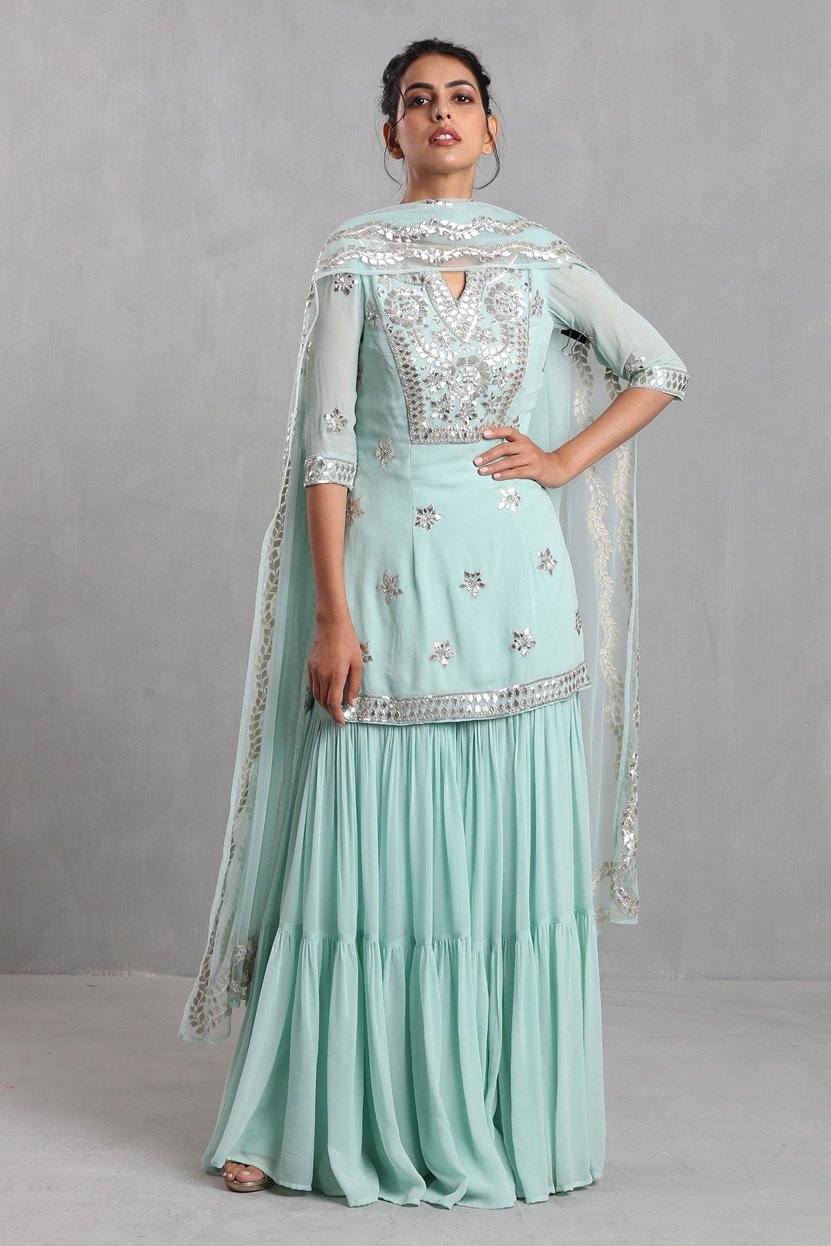 Aqua blue Embroidered Sharara Set