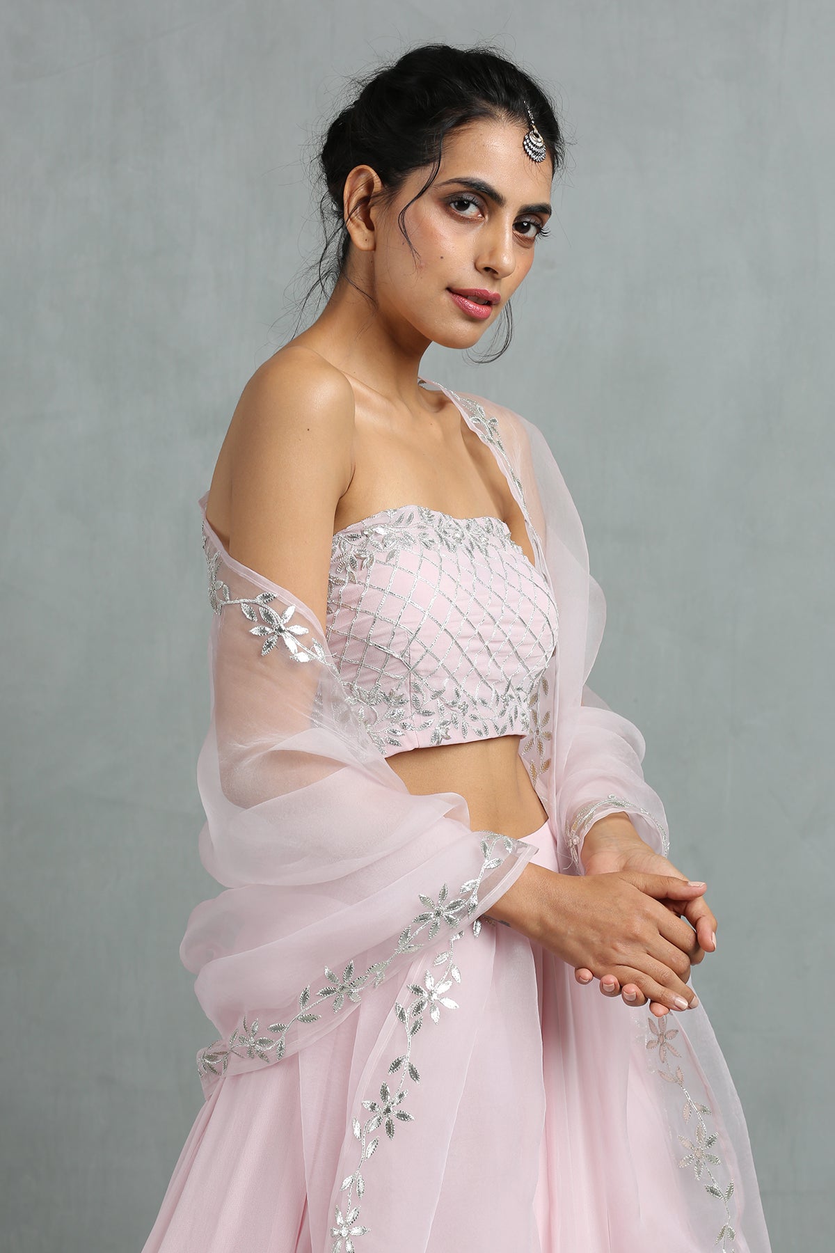 Blush Pink Crop Top, Skirt & Dupatta Set