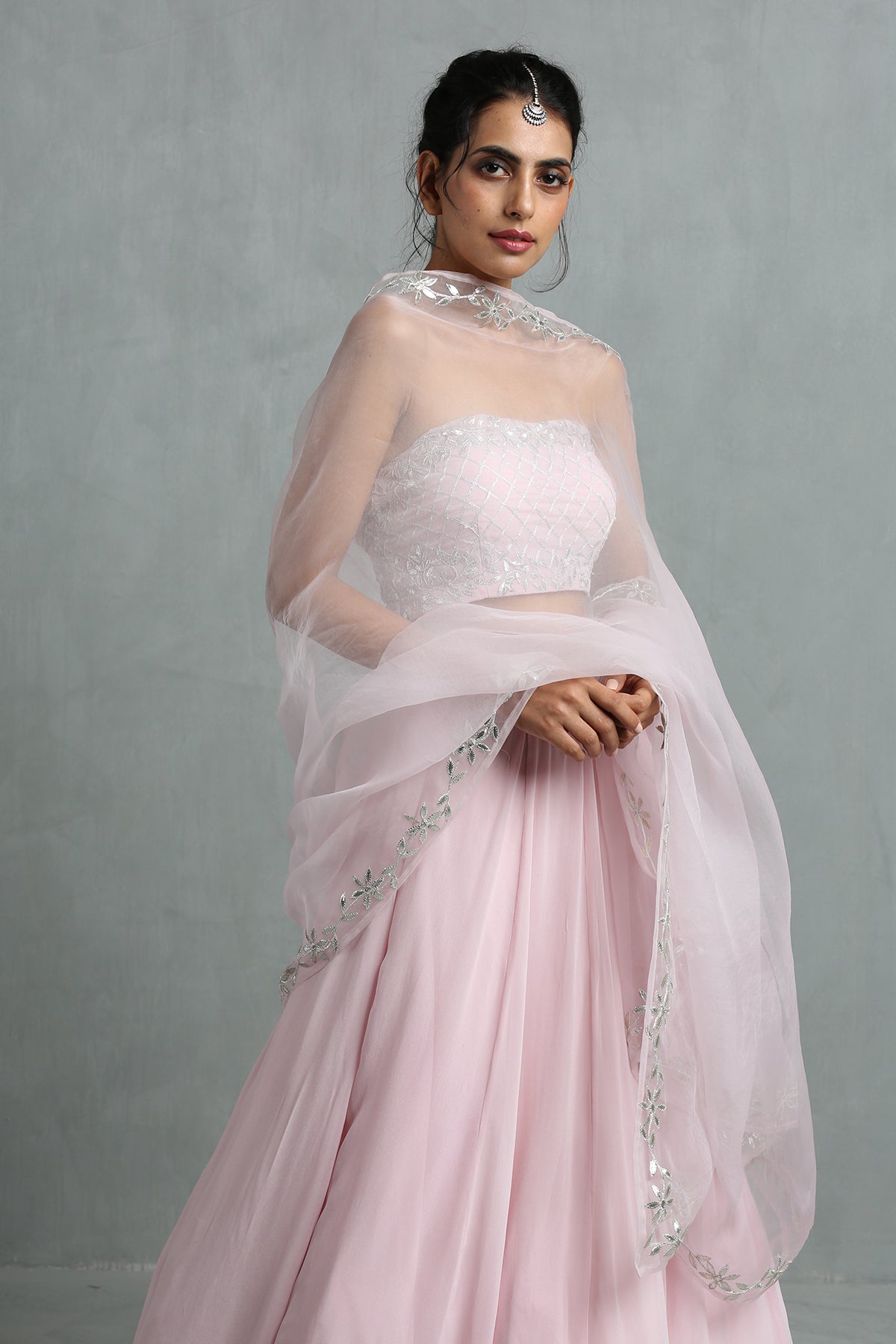 Blush Pink Crop Top, Skirt & Dupatta Set