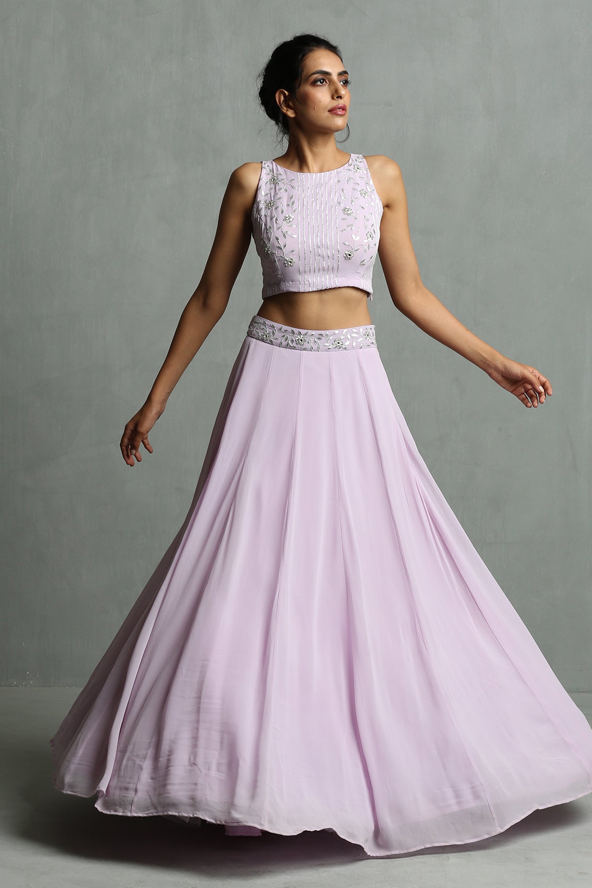 Lavender Halter Neck Crop Top Skirt Set