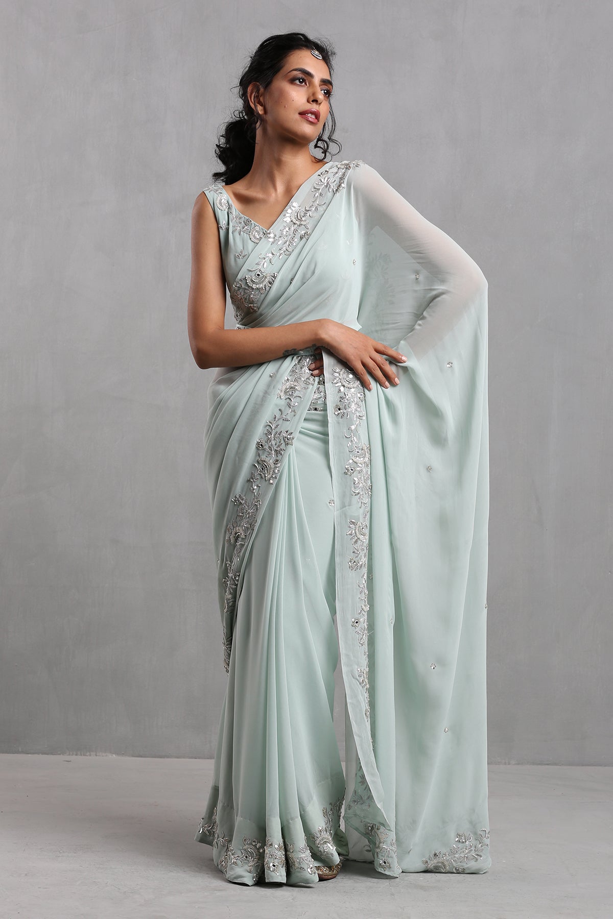 Ice Blue Gota Work Organza Draped Saree