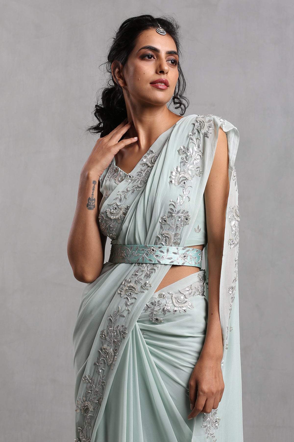 Ice Blue Gota Work Organza Draped Saree