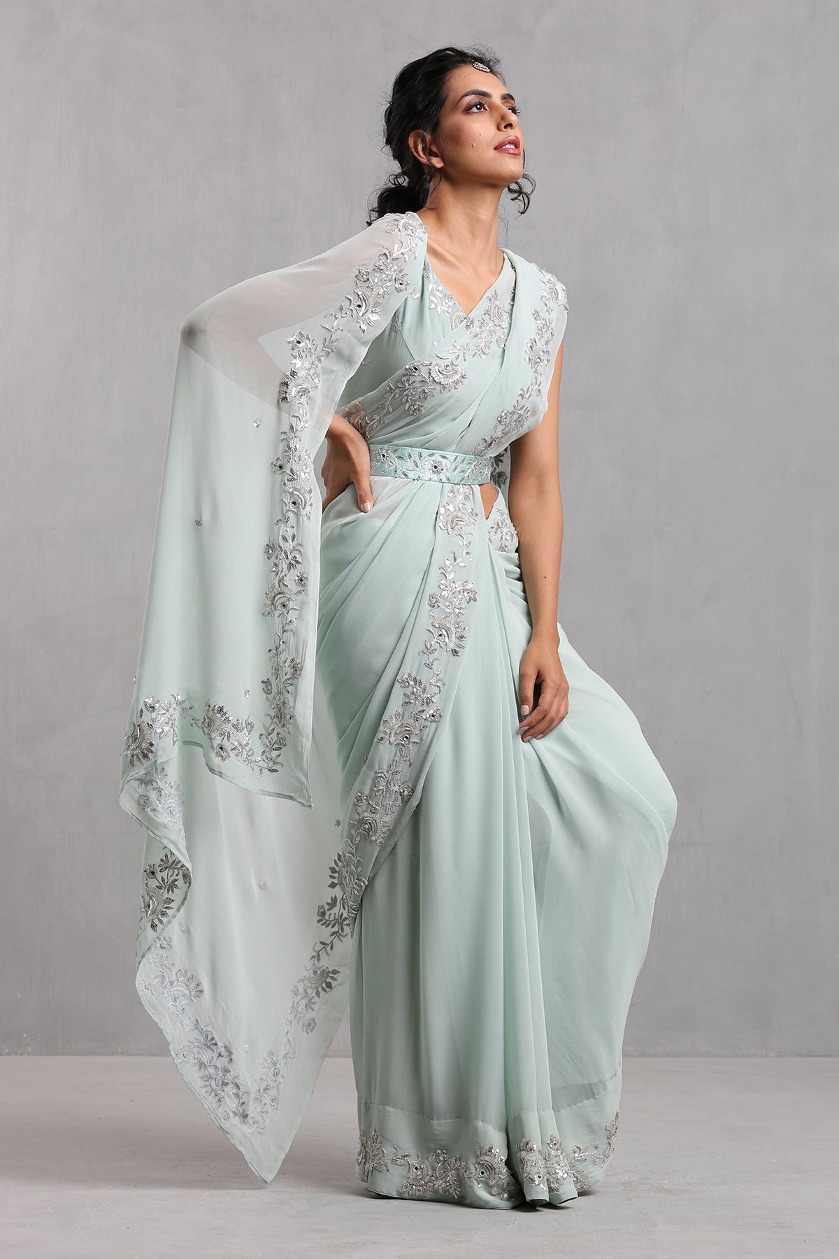 Ice Blue Gota Work Organza Draped Saree