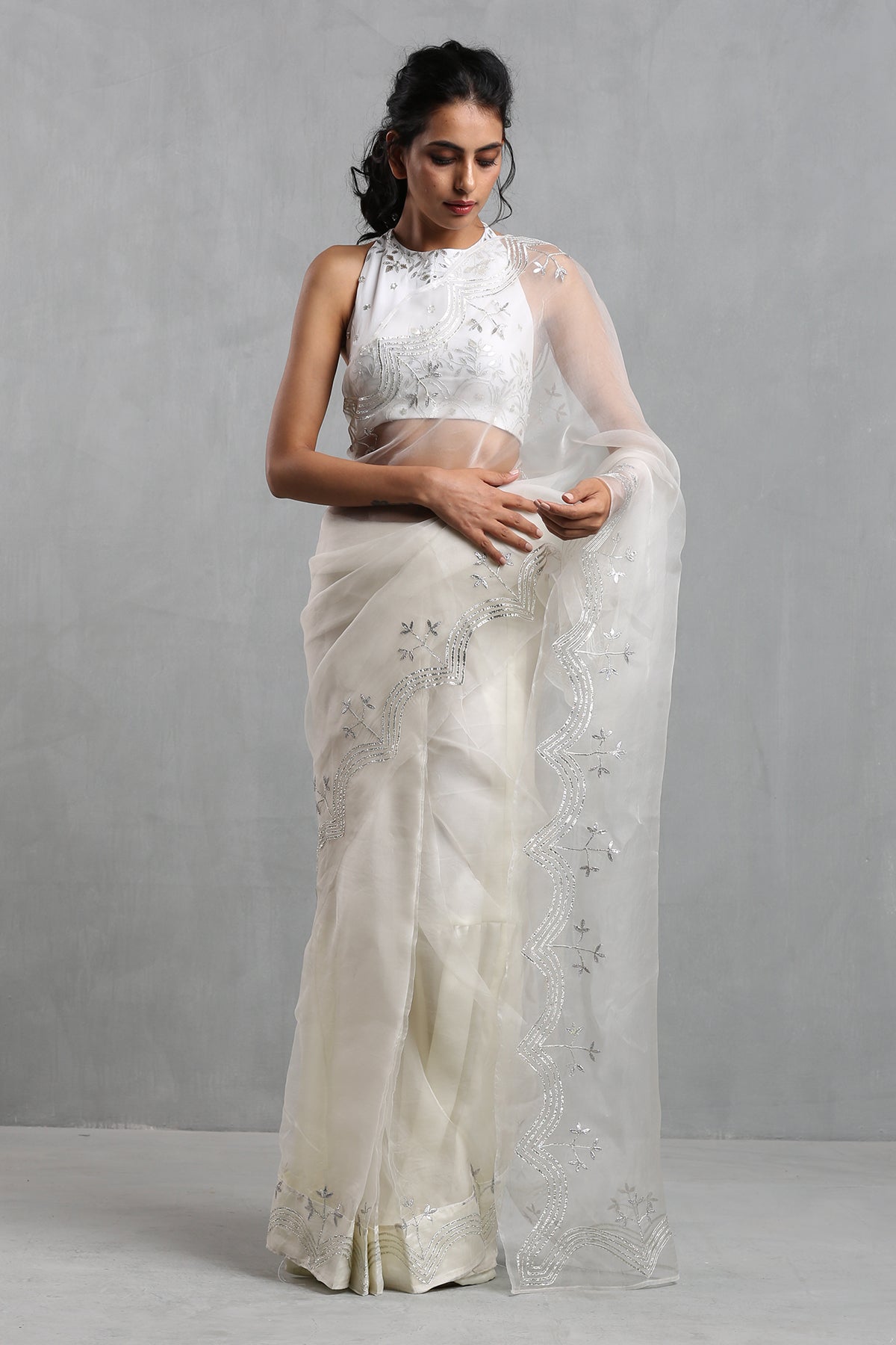 Ivory Gota Work Organza Draped Saree